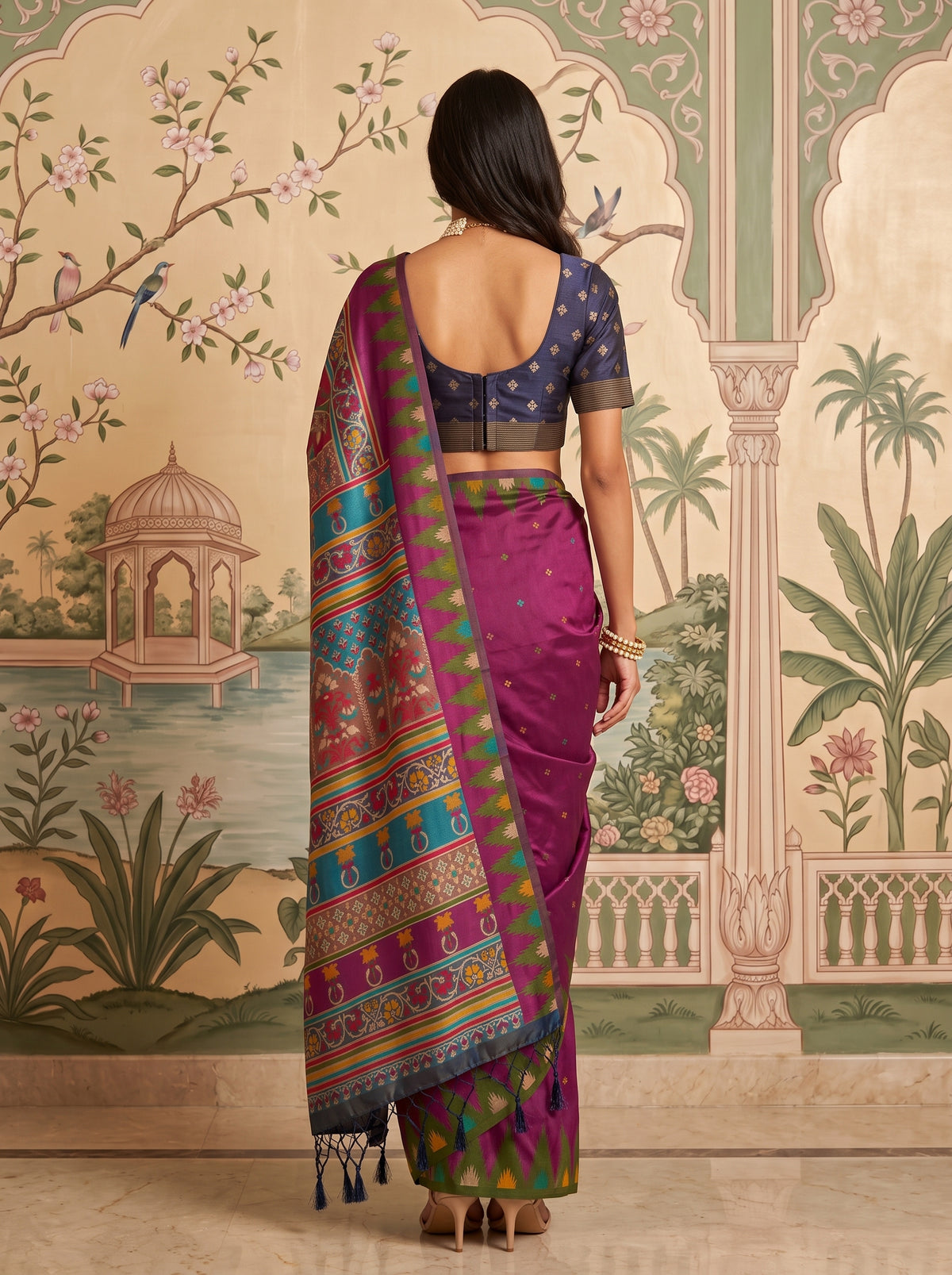 MIMOSA Magenta Berhampuri Saree — pose 2 styling detail