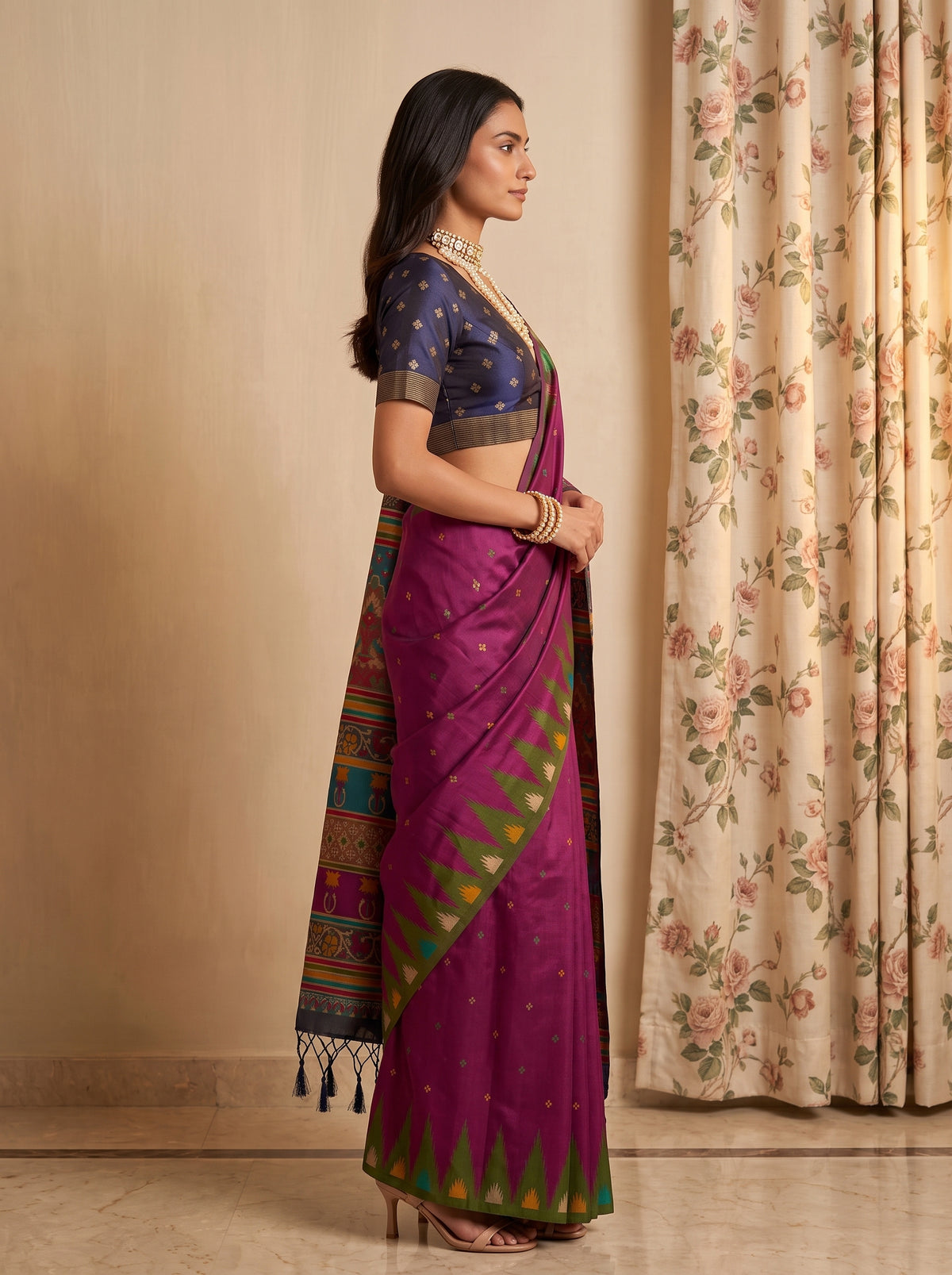 MIMOSA Magenta Berhampuri Saree — pose 3 styling detail
