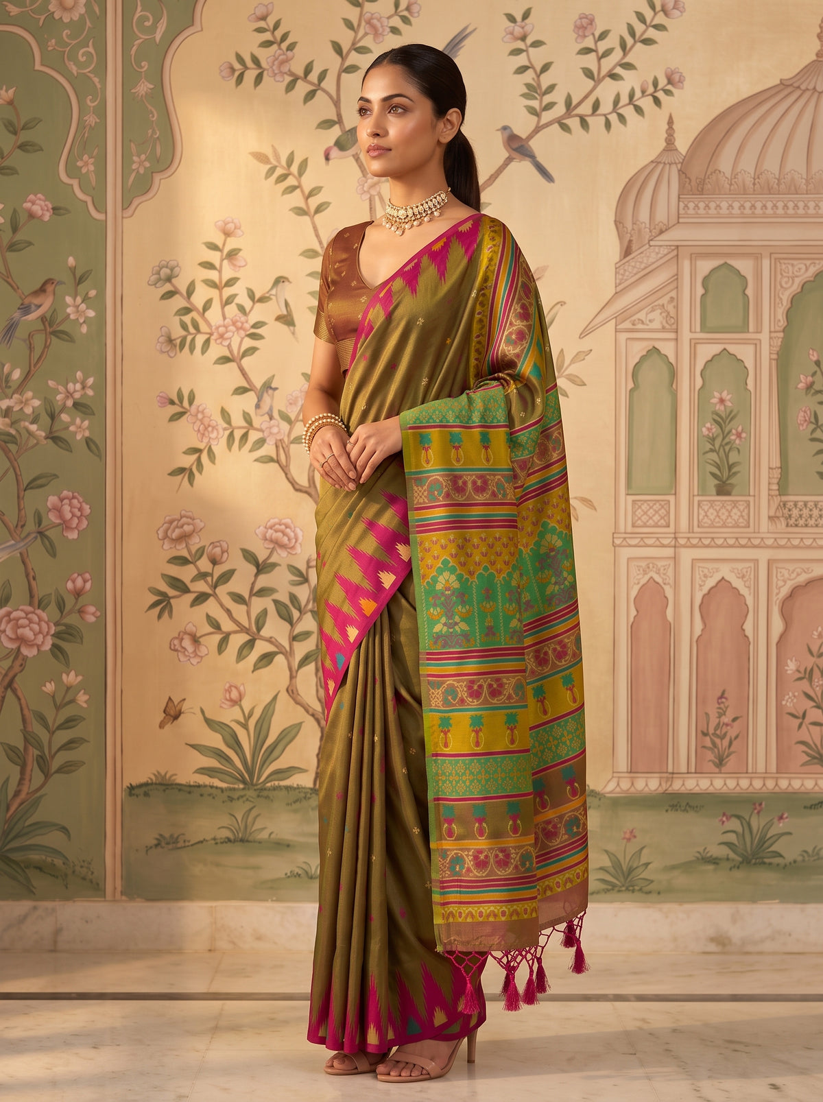 MIMOSA Olive Berhampuri Saree — pose 5 styling detail