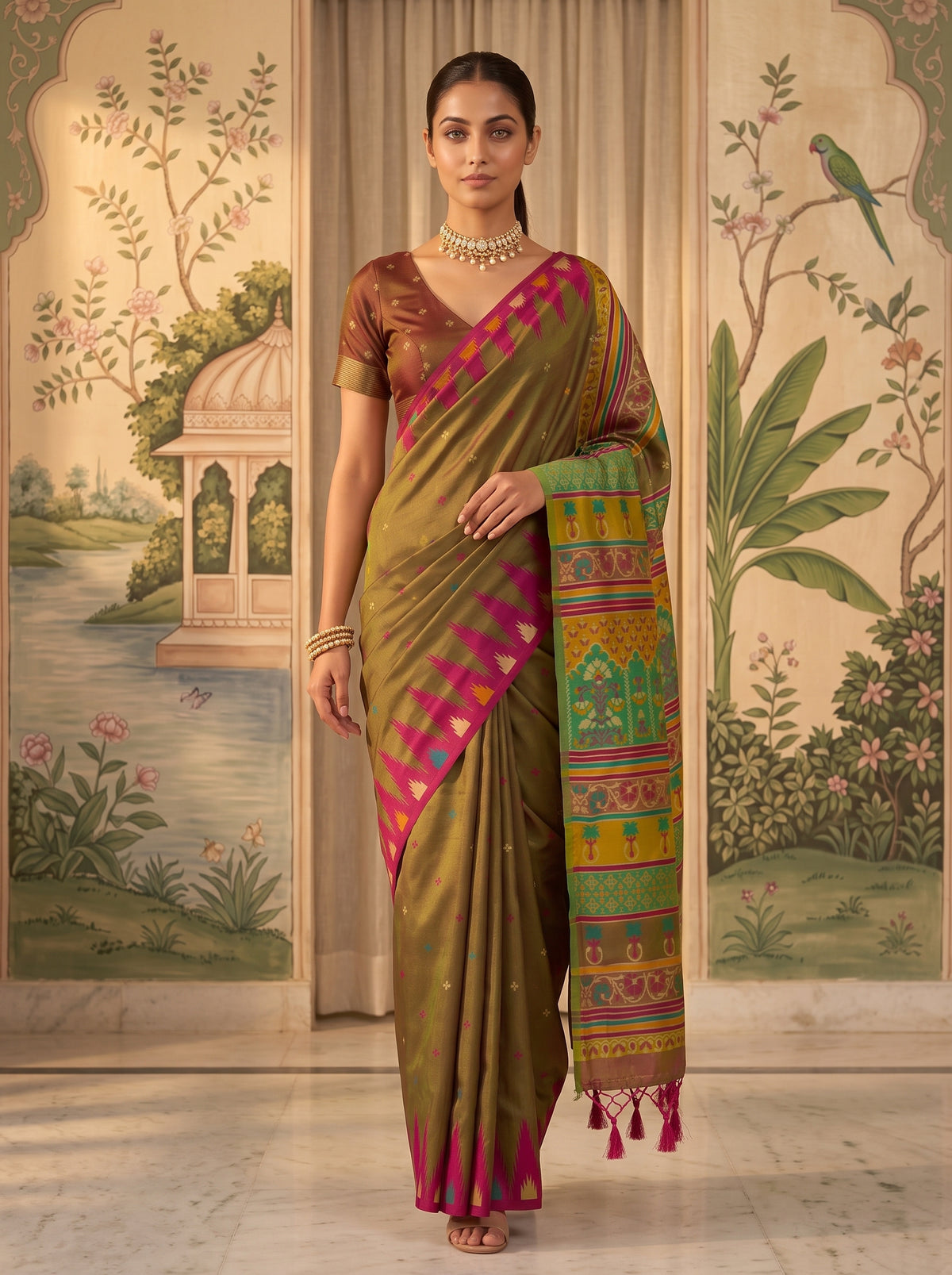 MIMOSA Olive Berhampuri Saree — pose 6 styling detail