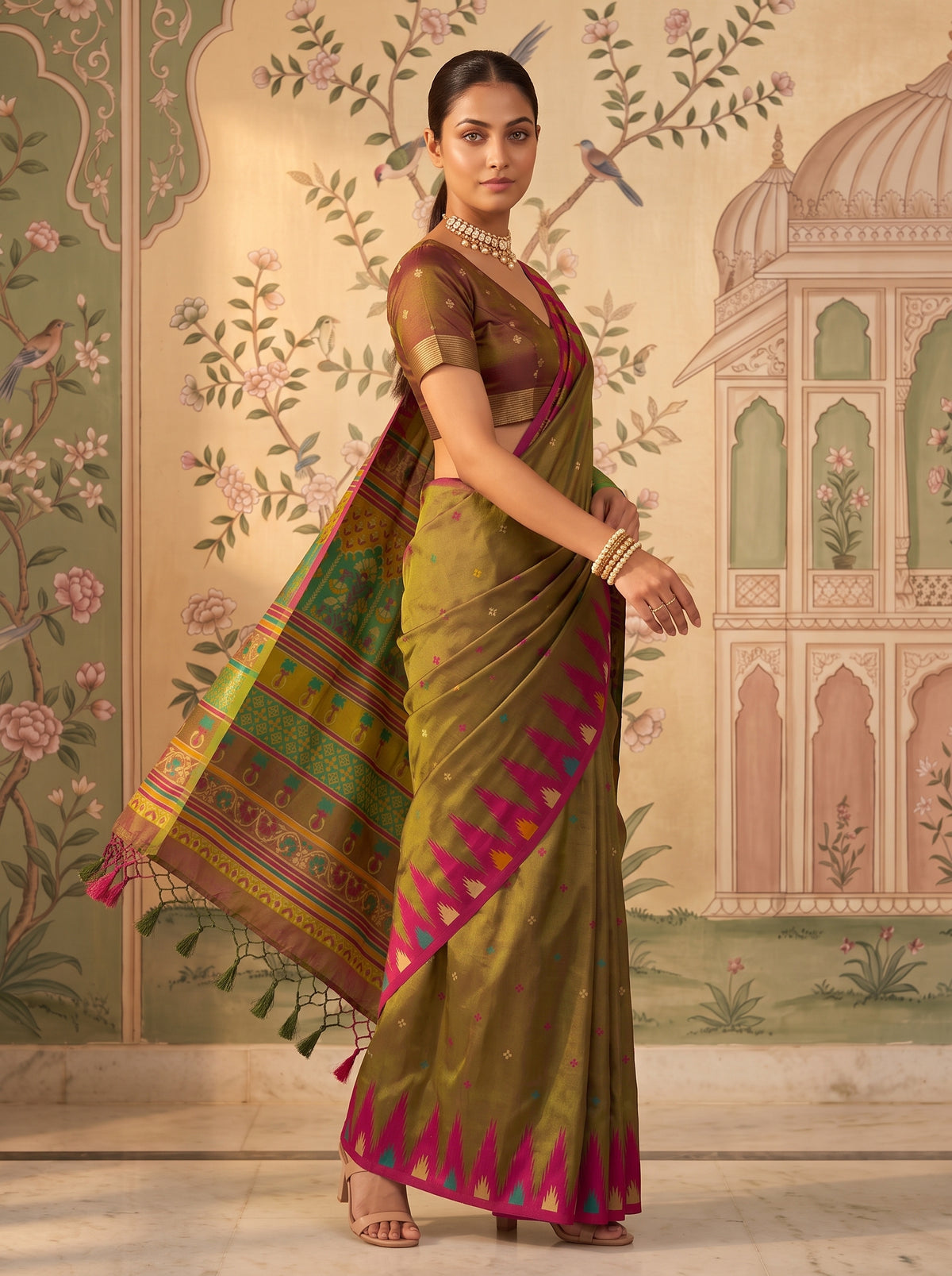 MIMOSA Olive Berhampuri Saree — pose 9 styling detail