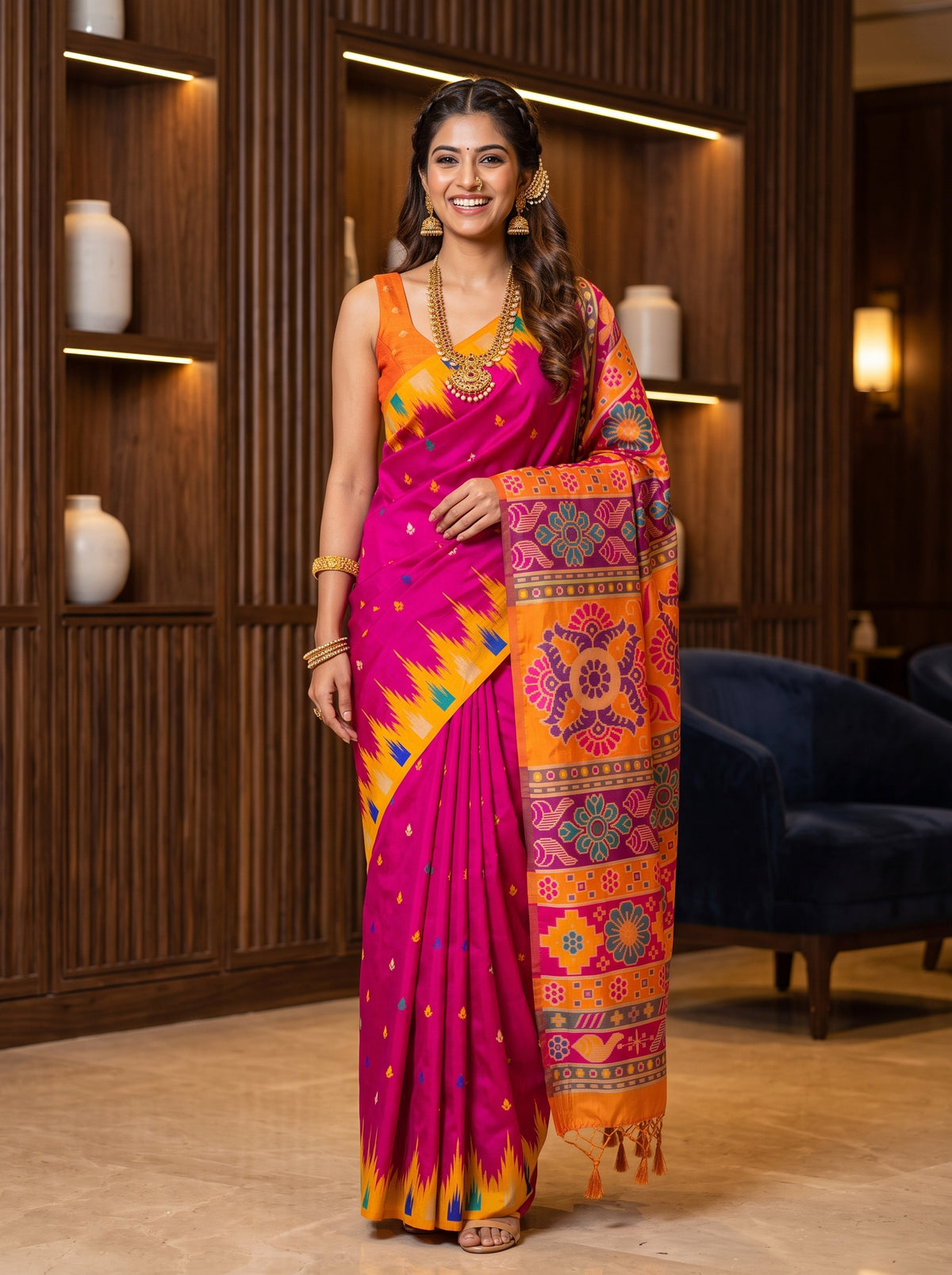MIMOSA Rani Berhampuri Crepe Saree — AI Model lifestyle