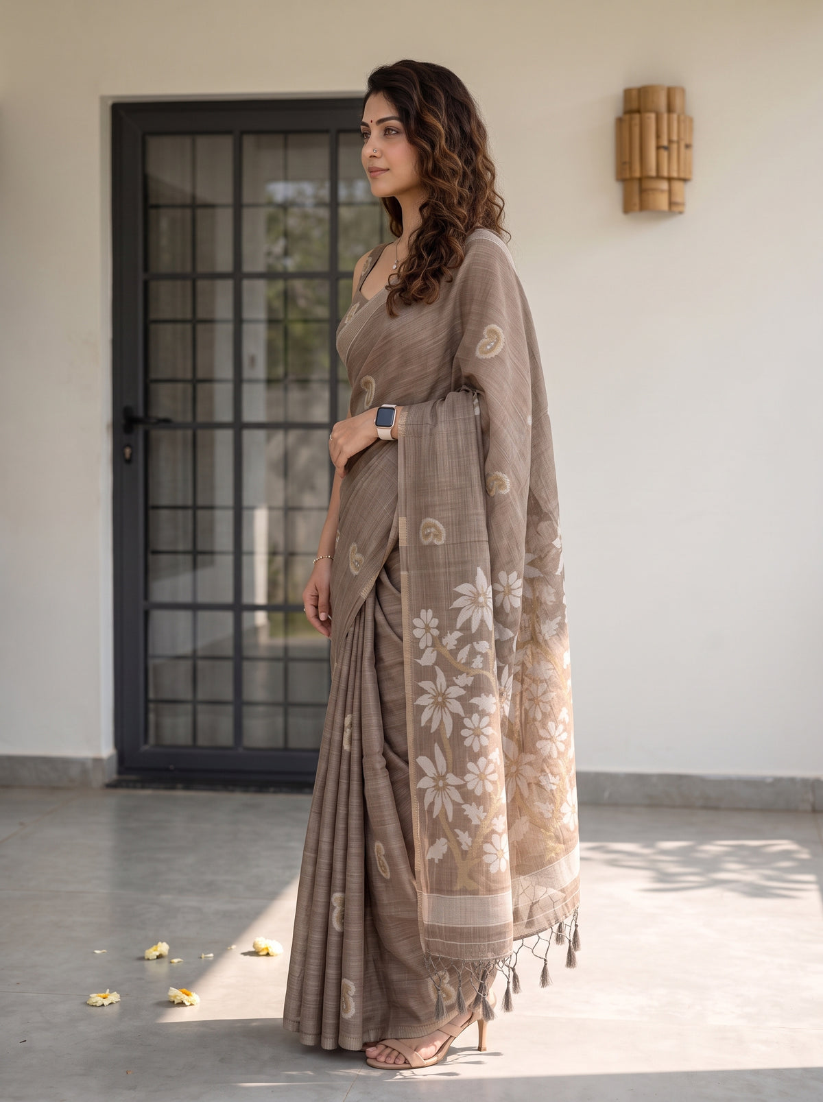 MIMOSA Chiku Banarasi Saree — pose 3 styling detail