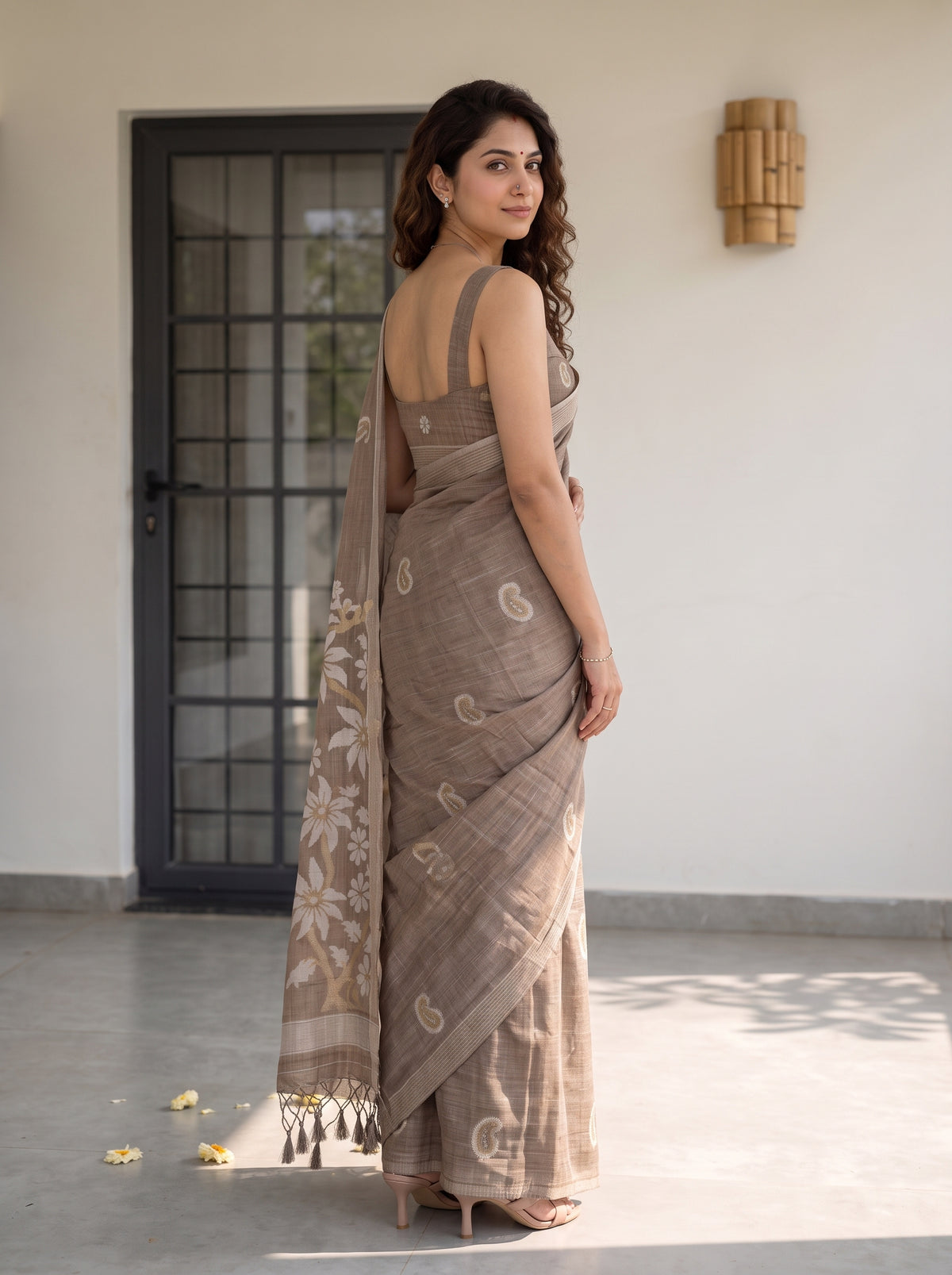 MIMOSA Chiku Banarasi Saree — pose 7 styling detail