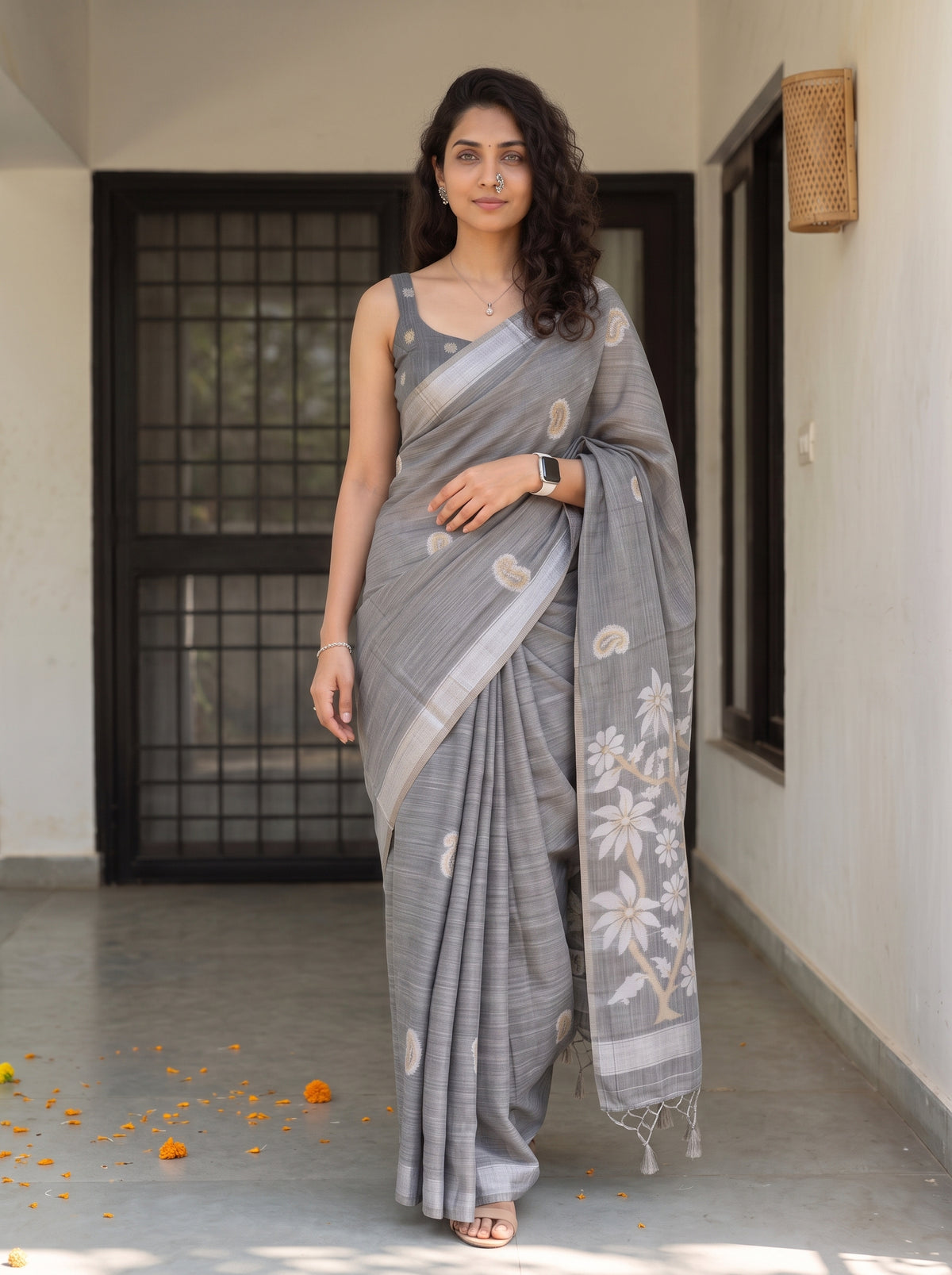MIMOSA Grey Banarasi Saree — pose 6 styling detail