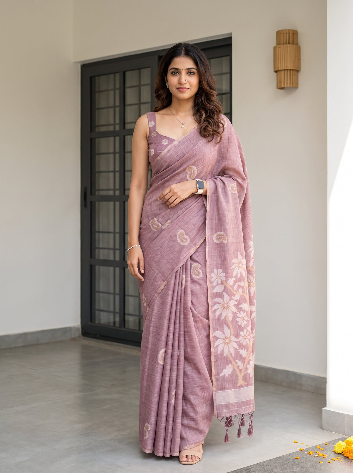 MIMOSA Wine Banarasi Saree — front view on mannequin