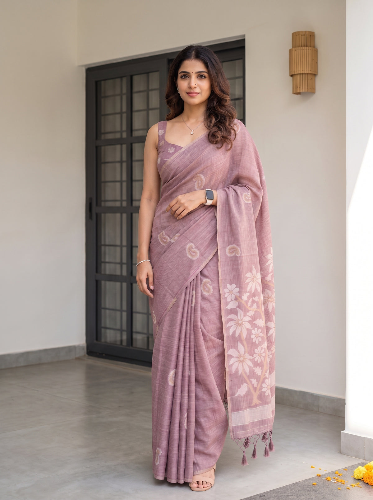 MIMOSA Wine Banarasi Saree — pose 10 styling detail