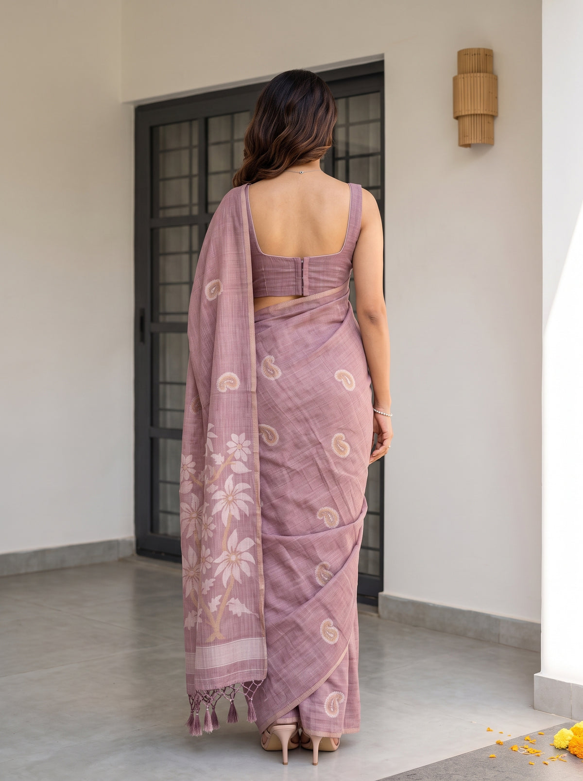 MIMOSA Wine Banarasi Saree — pose 2 styling detail