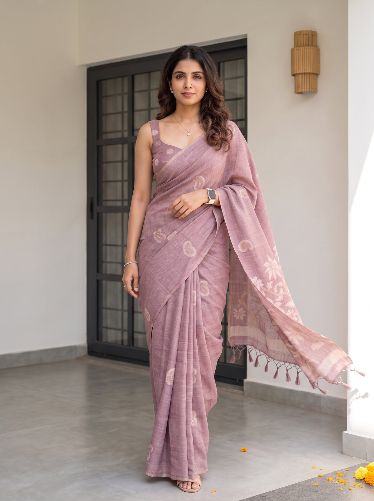 MIMOSA Wine Banarasi Saree — pose 6 styling detail