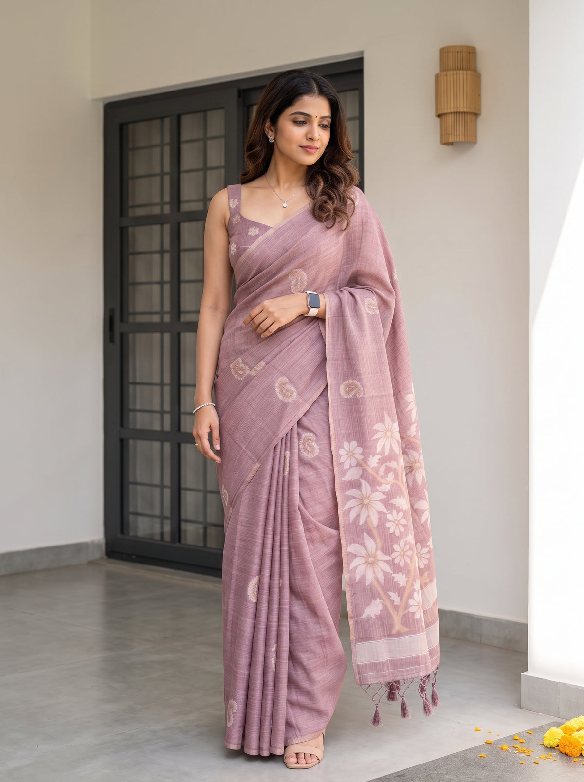 MIMOSA Wine Banarasi Saree — pose 9 styling detail