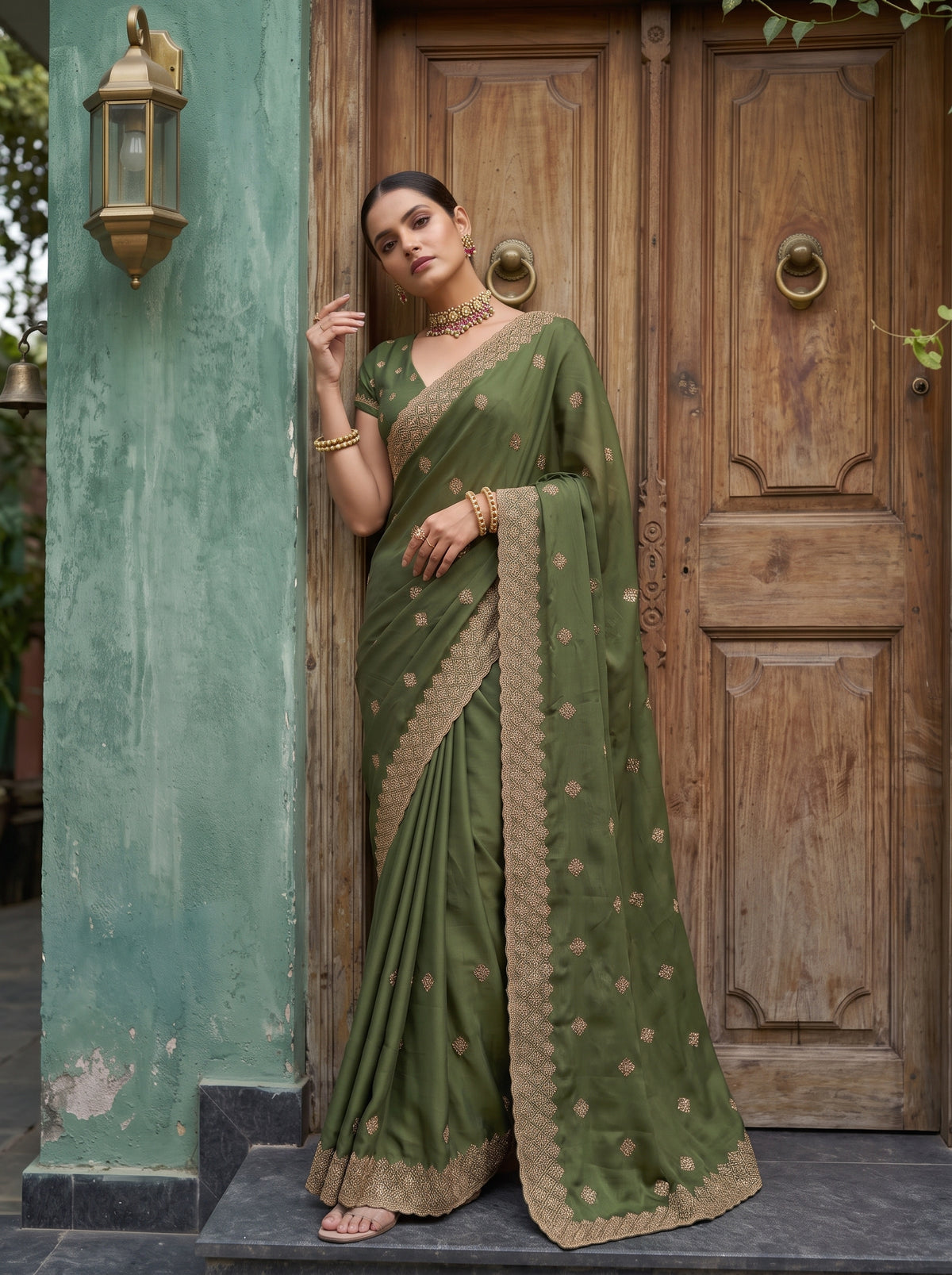 MIMOSA Olive Banarasi Saree — pose 5 styling detail