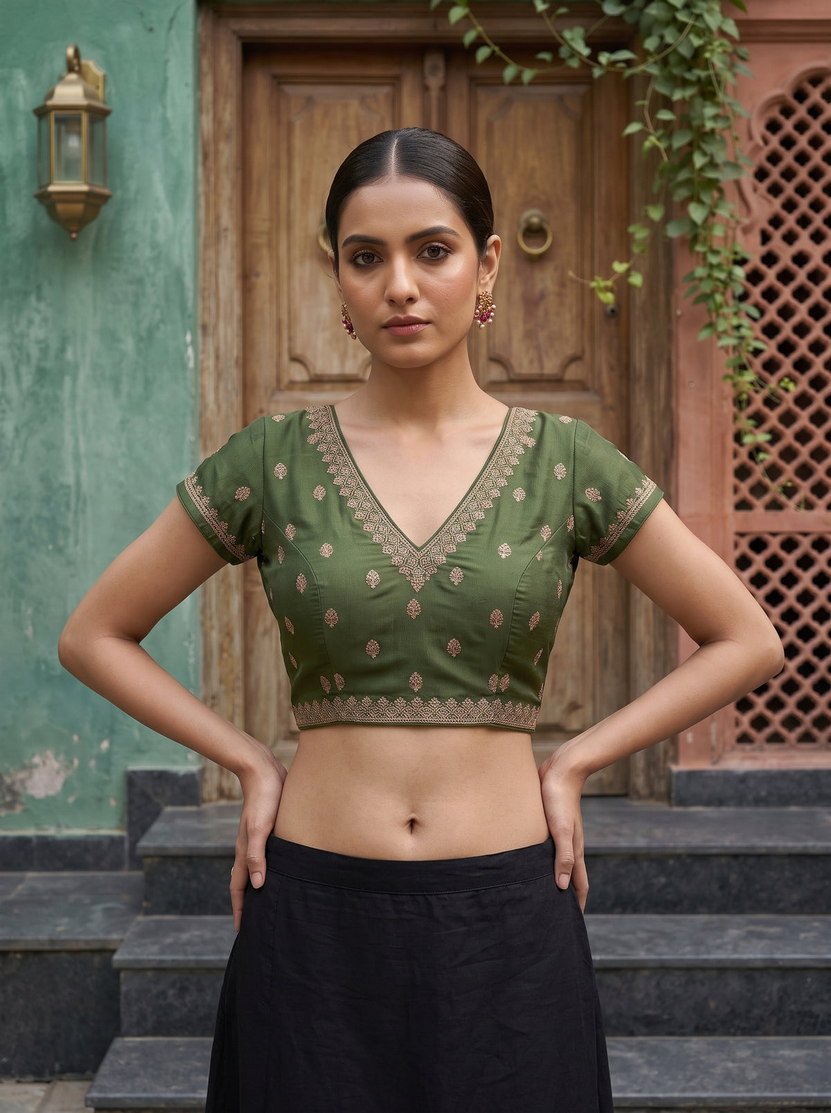 MIMOSA Olive Banarasi Saree — blouse close-up