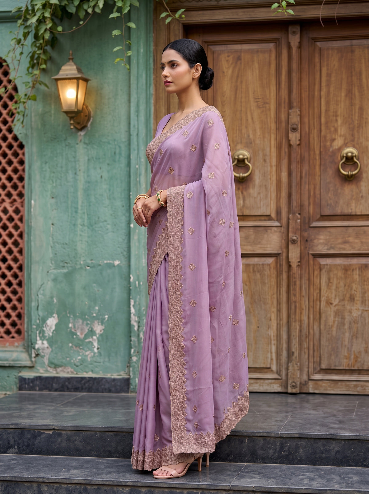 MIMOSA Pink Banarasi Saree — pose 3 styling detail