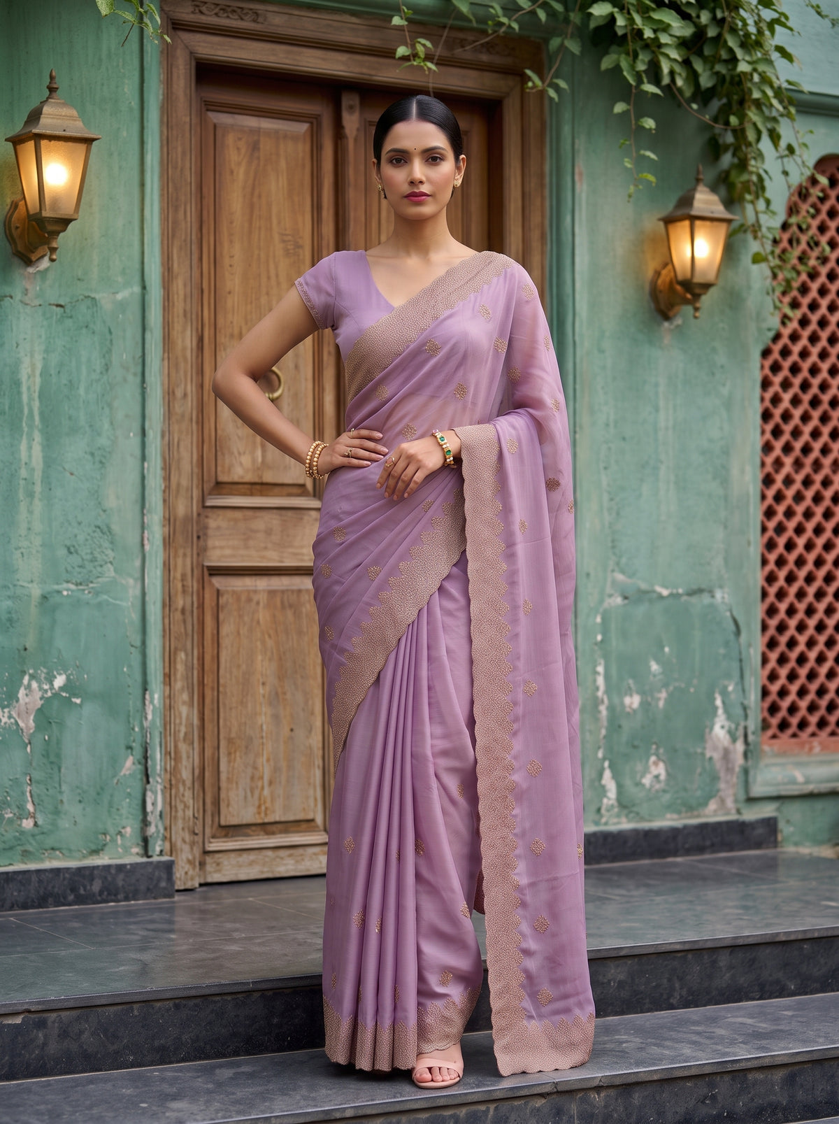 MIMOSA Pink Banarasi Saree — pose 4 styling detail