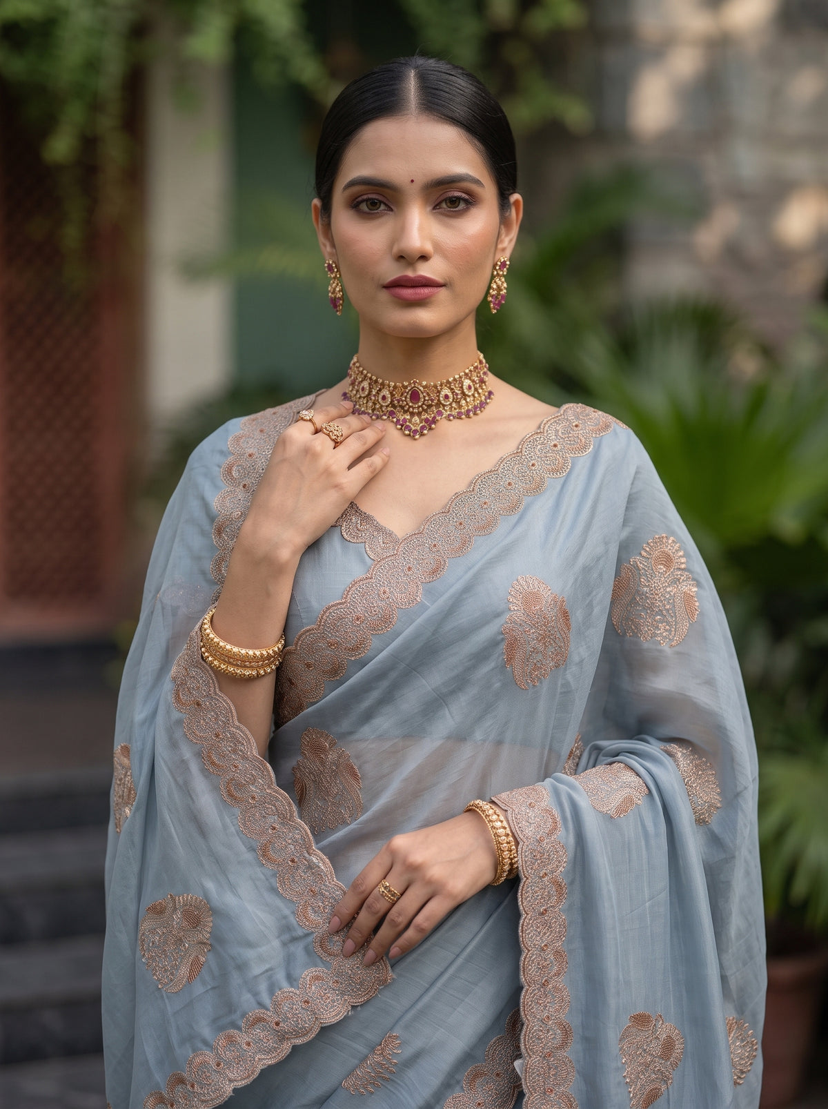 MIMOSA Ananda Banarasi Chiffon Saree — pose 10 styling detail