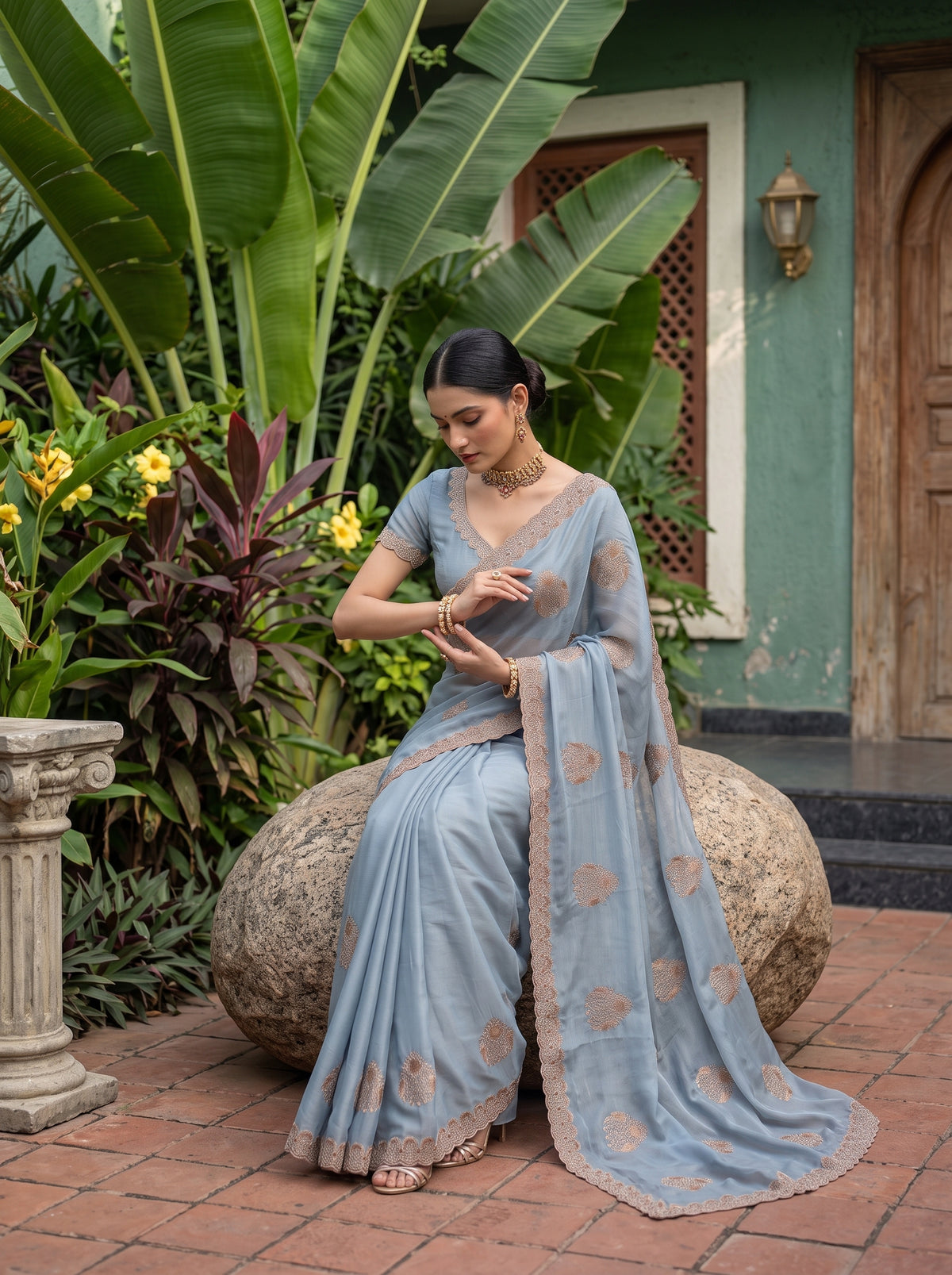 MIMOSA Ananda Banarasi Chiffon Saree — pose 8 styling detail