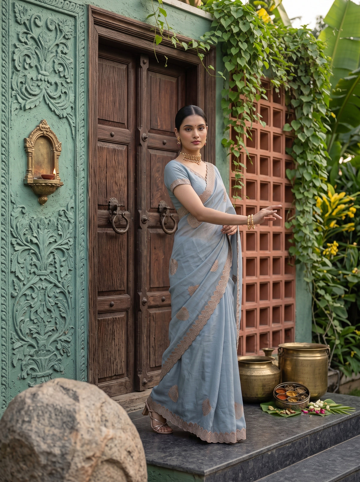 MIMOSA Ananda Banarasi Chiffon Saree — pose 9 styling detail