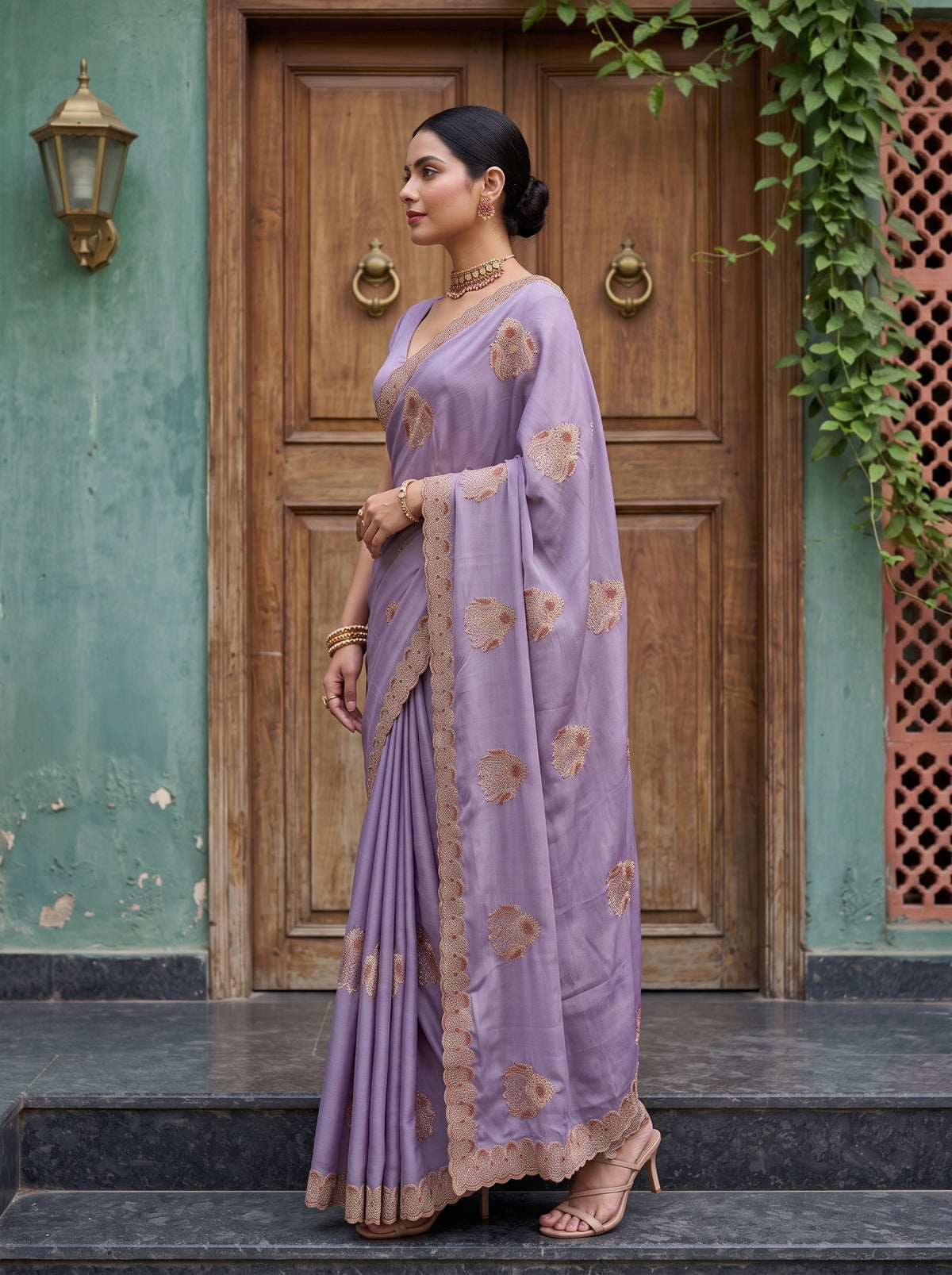 MIMOSA Lavender Banarasi Chiffon Saree — pose 3 styling detail