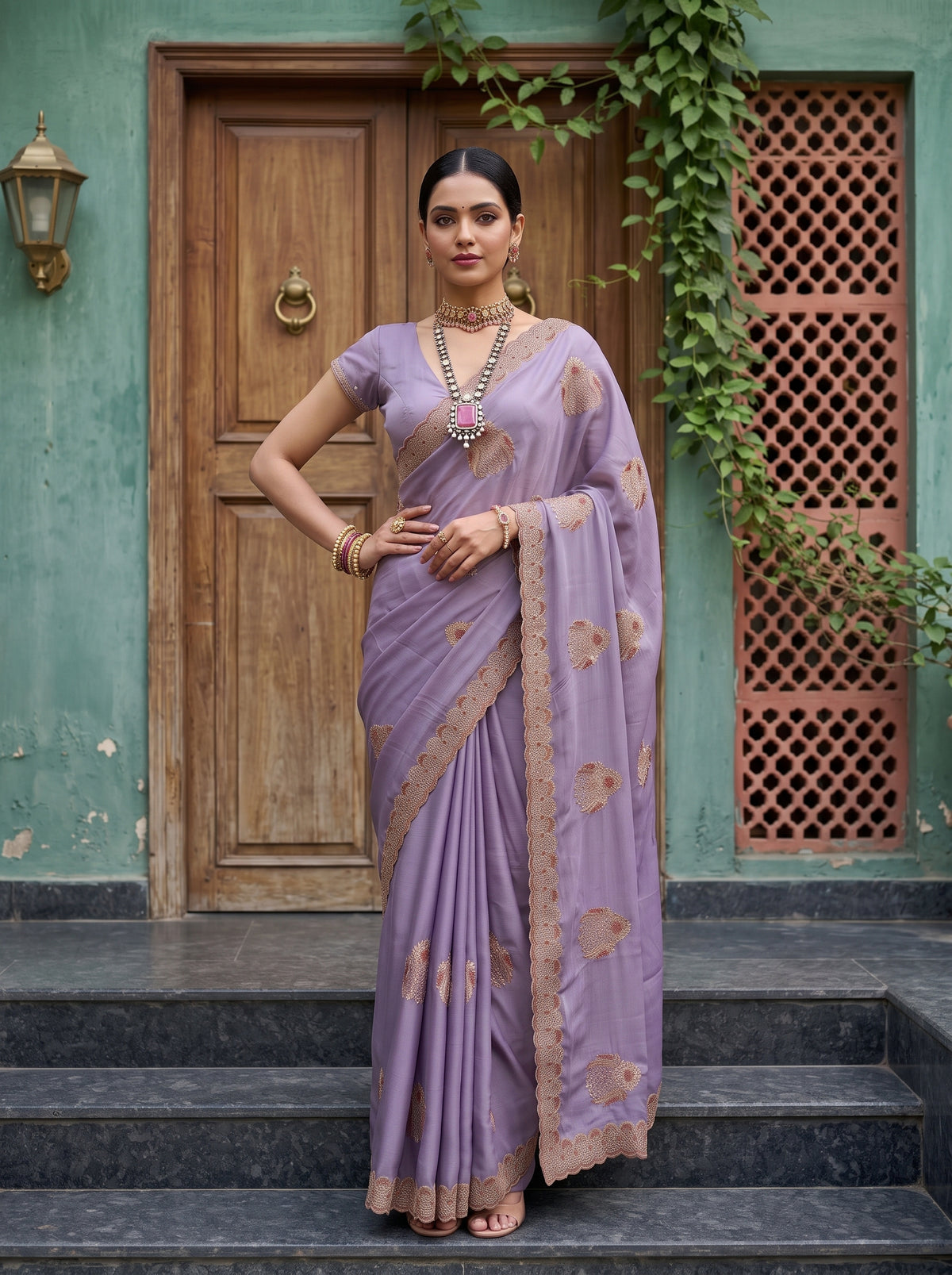 MIMOSA Lavender Banarasi Chiffon Saree — pose 4 styling detail