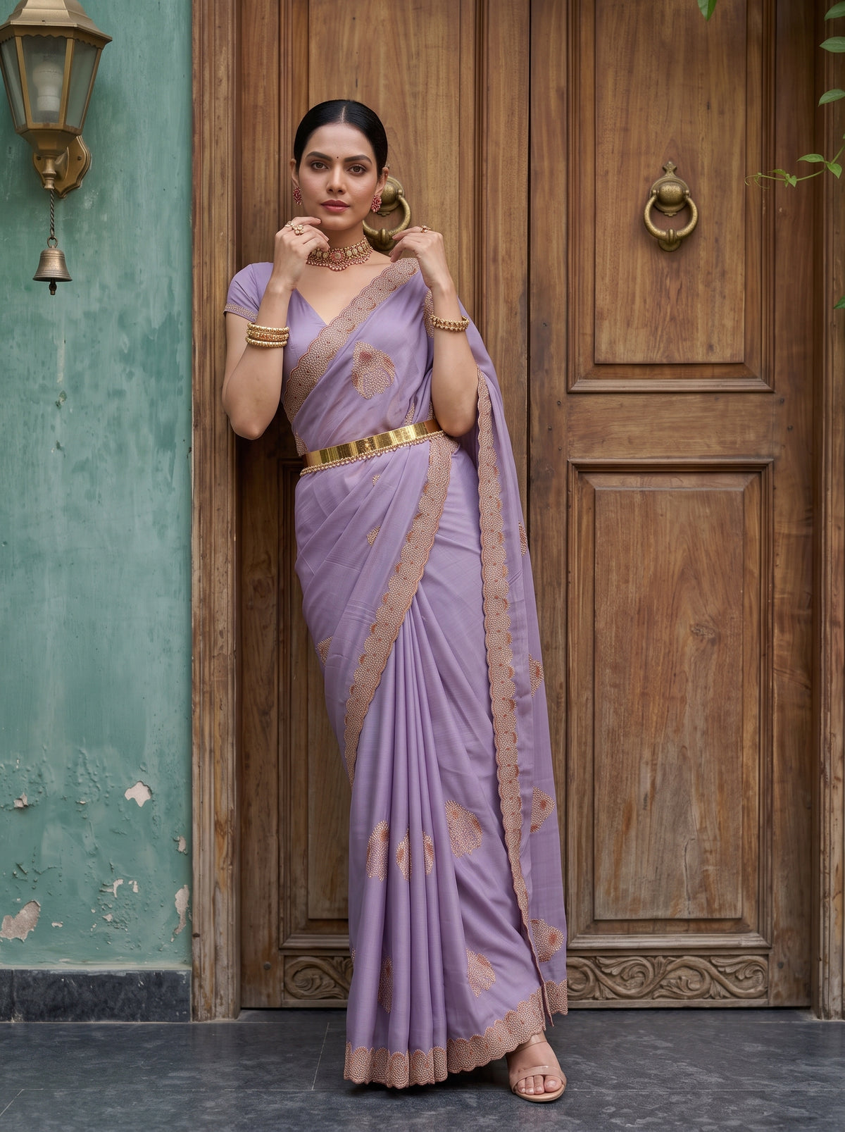 MIMOSA Lavender Banarasi Chiffon Saree — pose 5 styling detail