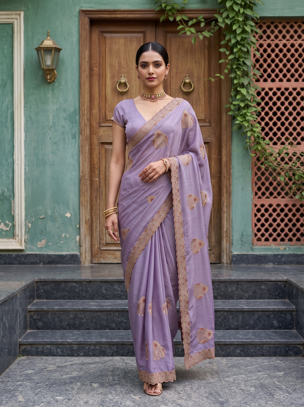 MIMOSA Lavender Banarasi Chiffon Saree — pose 6 styling detail