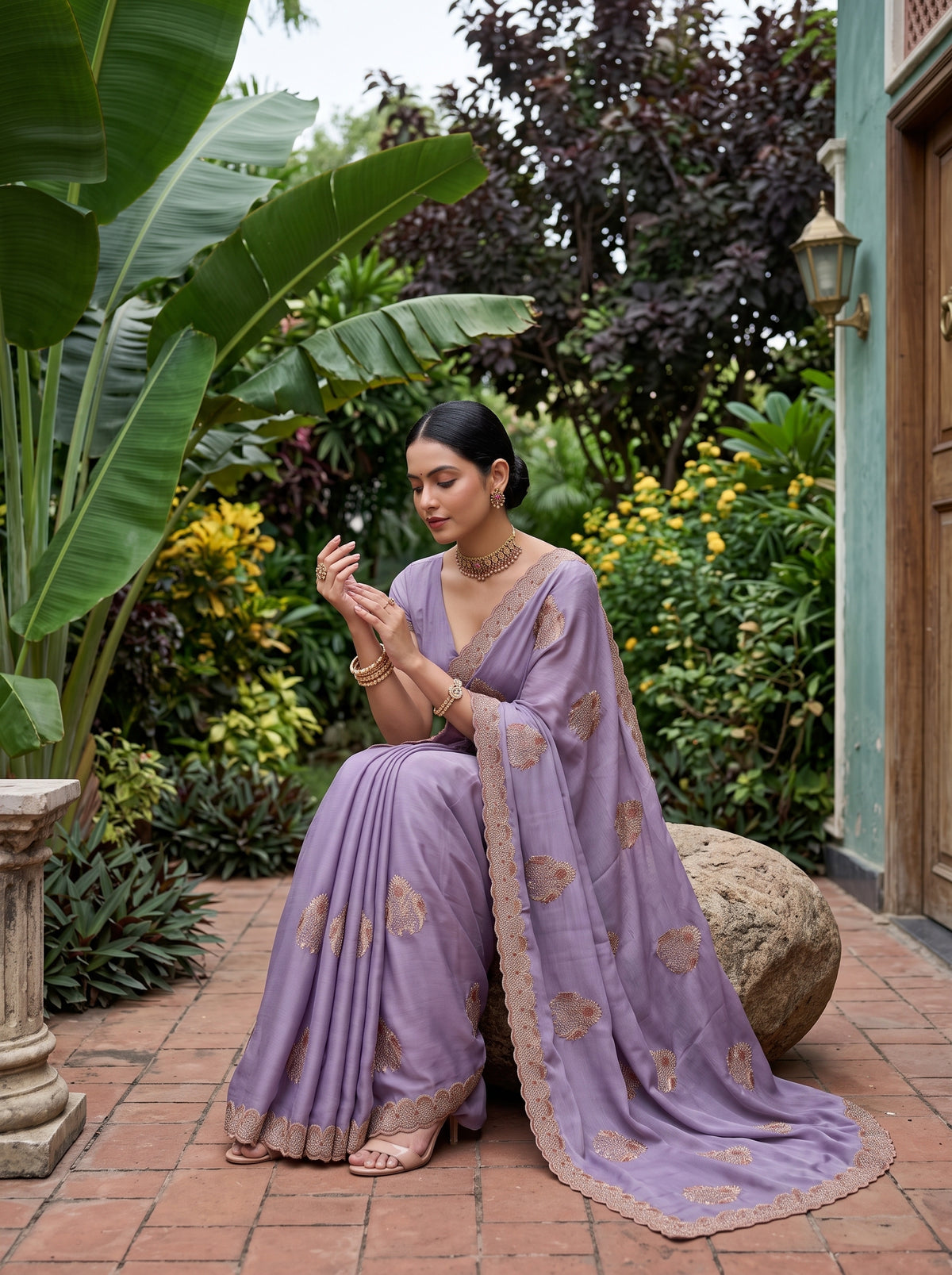MIMOSA Lavender Banarasi Chiffon Saree — pose 8 styling detail