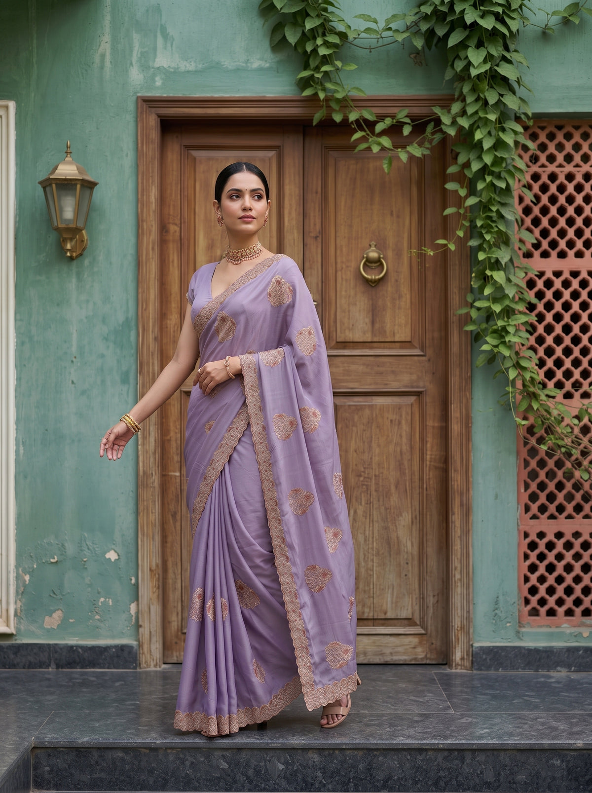 MIMOSA Lavender Banarasi Chiffon Saree — pose 9 styling detail