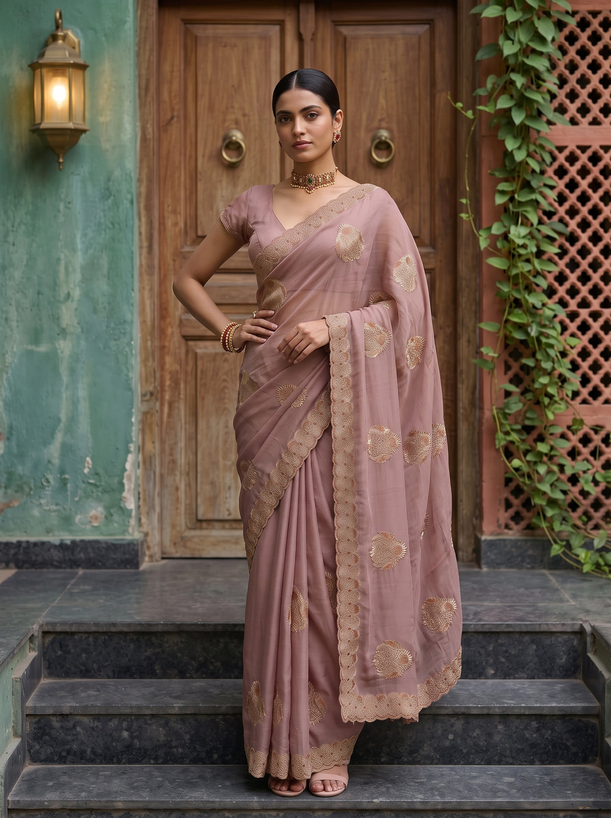 MIMOSA Peach Banarasi Chiffon Saree — pose 4 styling detail