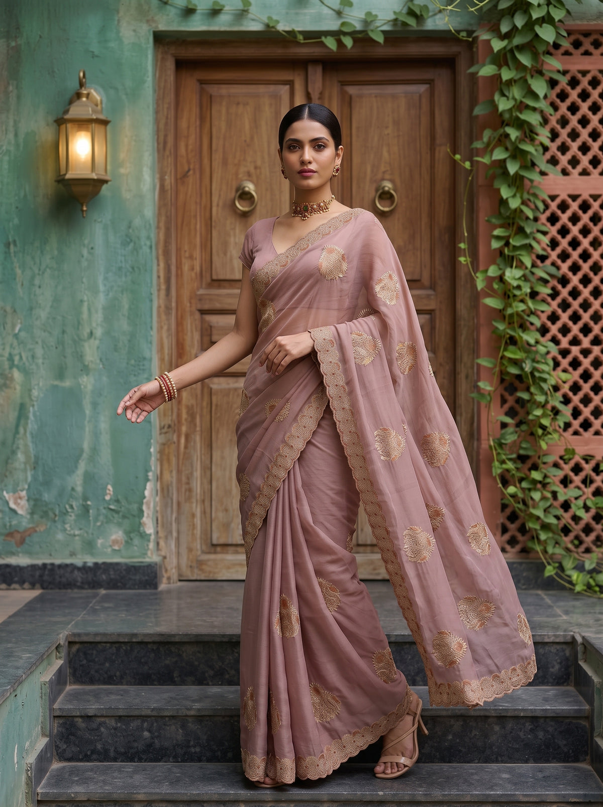 MIMOSA Peach Banarasi Chiffon Saree — pose 9 styling detail