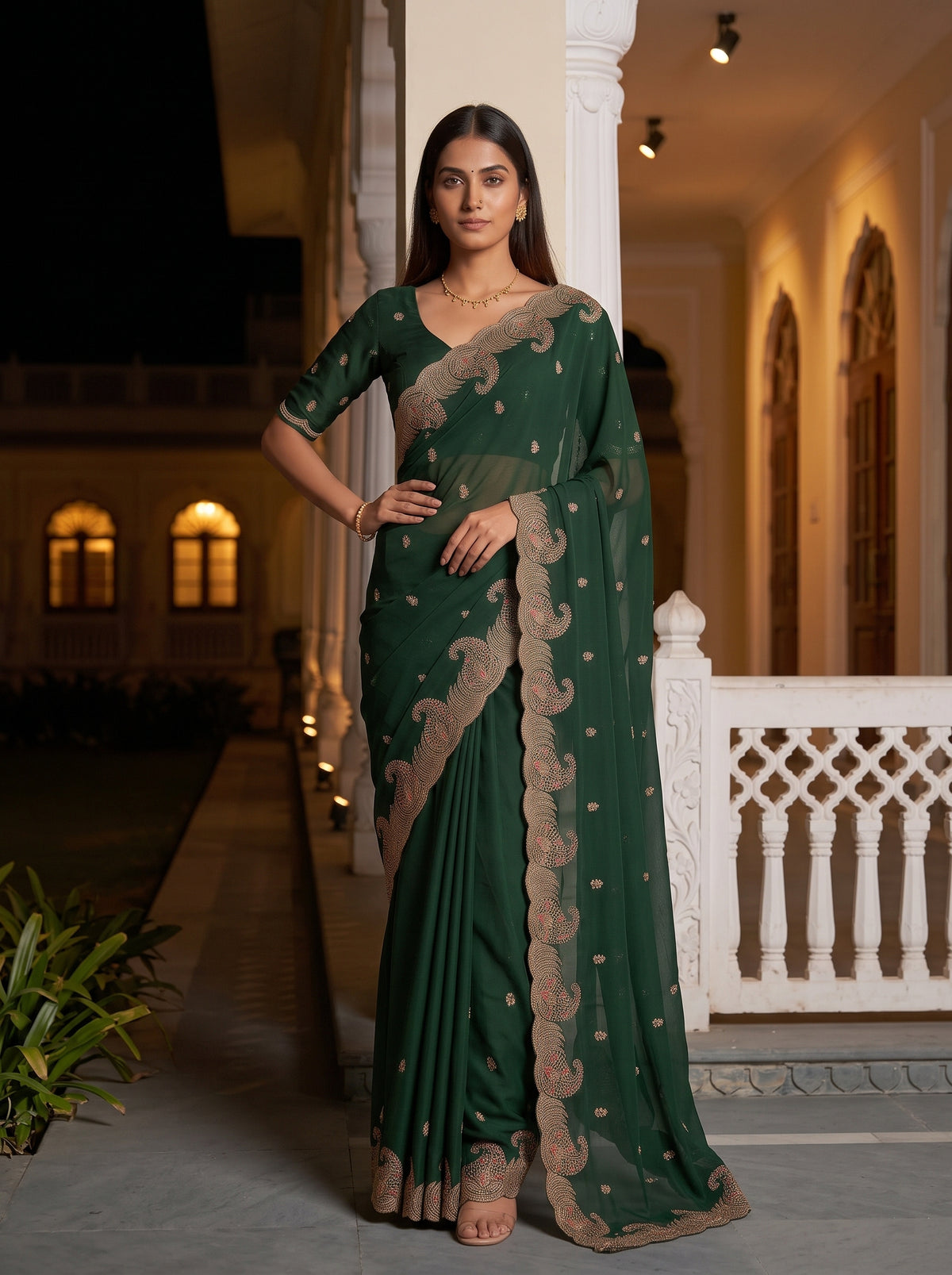 MIMOSA Bottle Green Banarasi Saree — pose 4 styling detail
