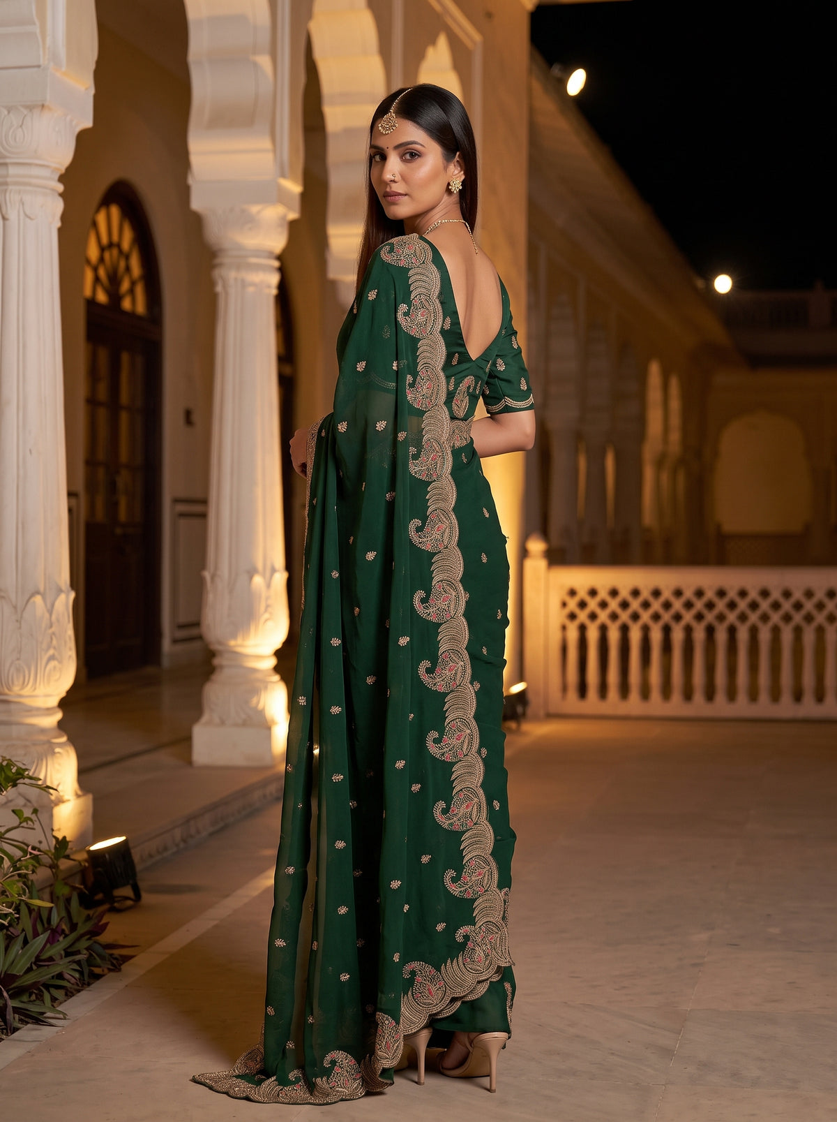 MIMOSA Bottle Green Banarasi Saree — pose 7 styling detail