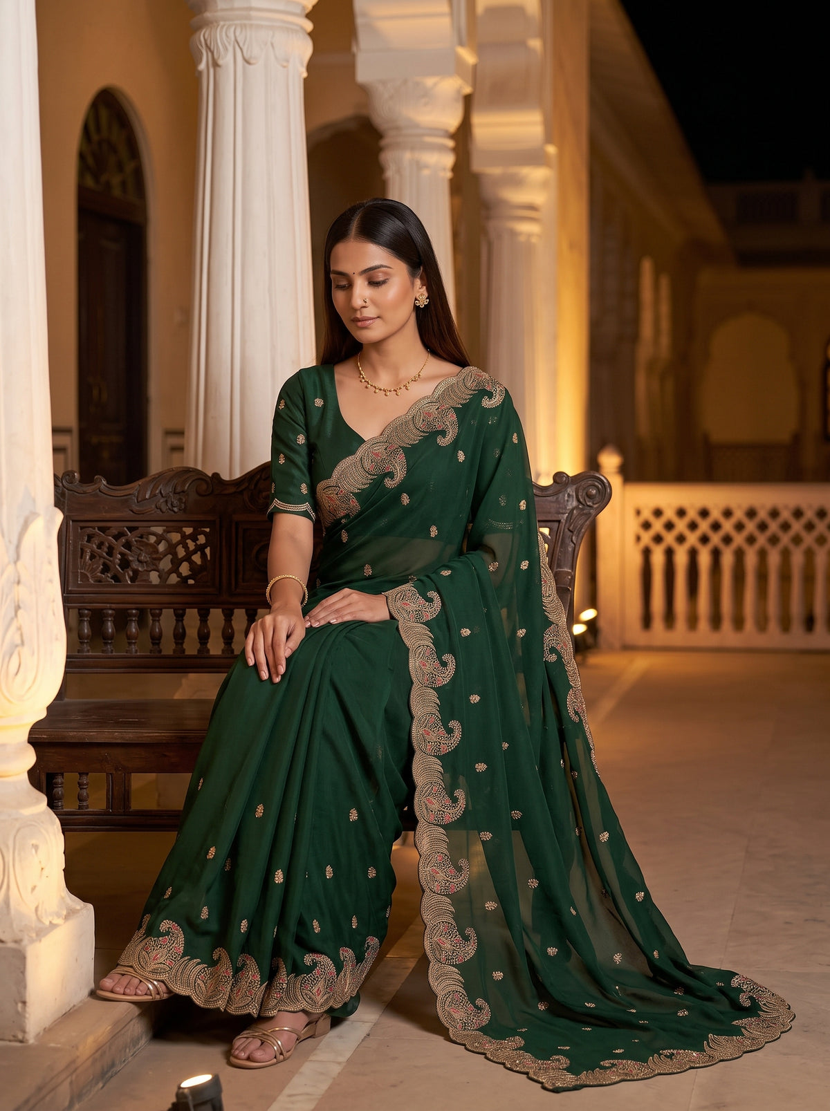MIMOSA Bottle Green Banarasi Saree — pose 8 styling detail
