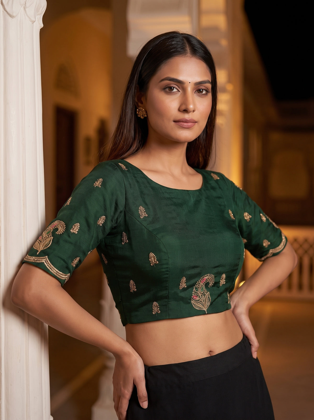 MIMOSA Bottle Green Banarasi Saree — blouse close-up