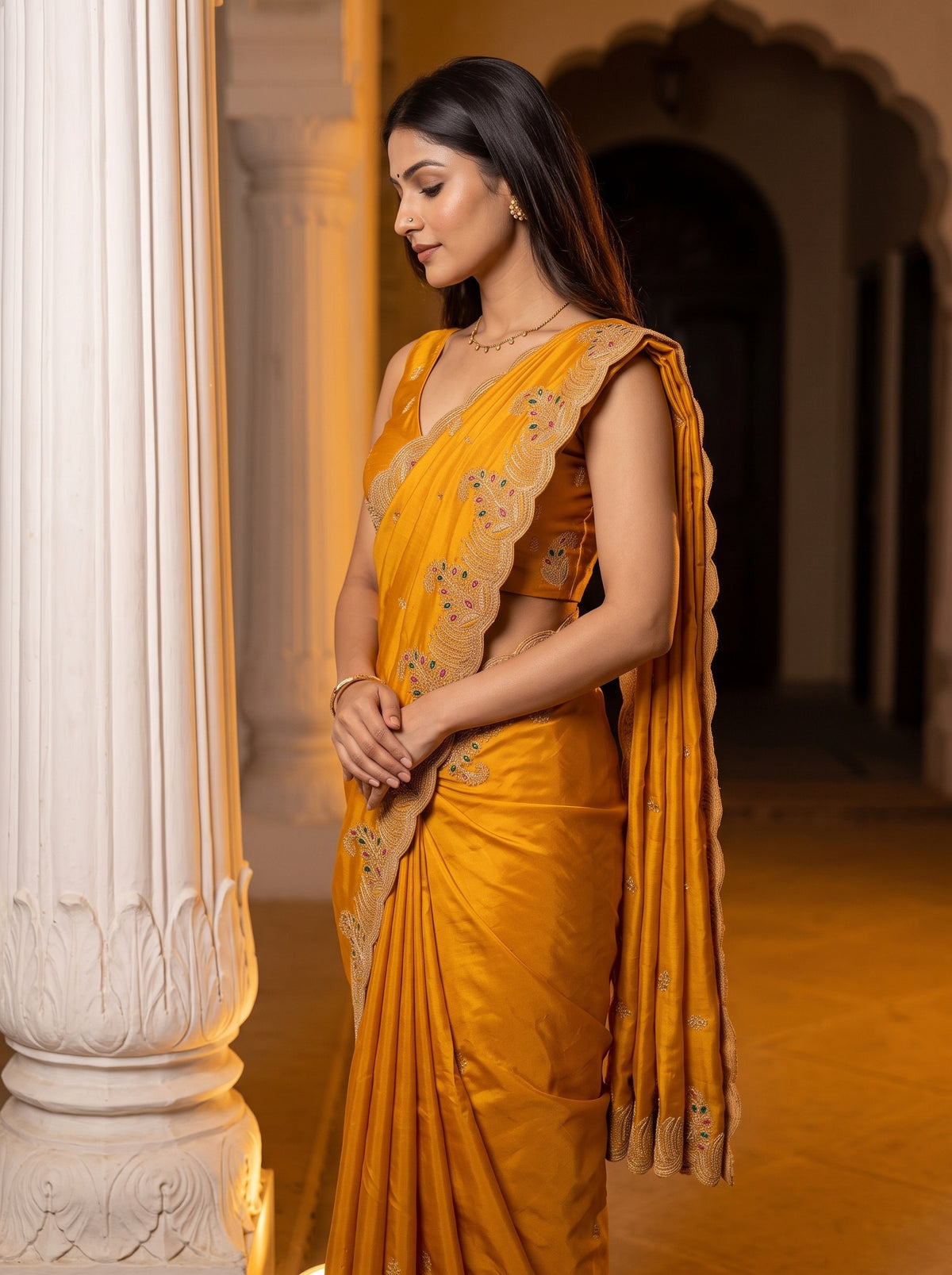 MIMOSA Gold Banarasi Saree — pose 3 styling detail