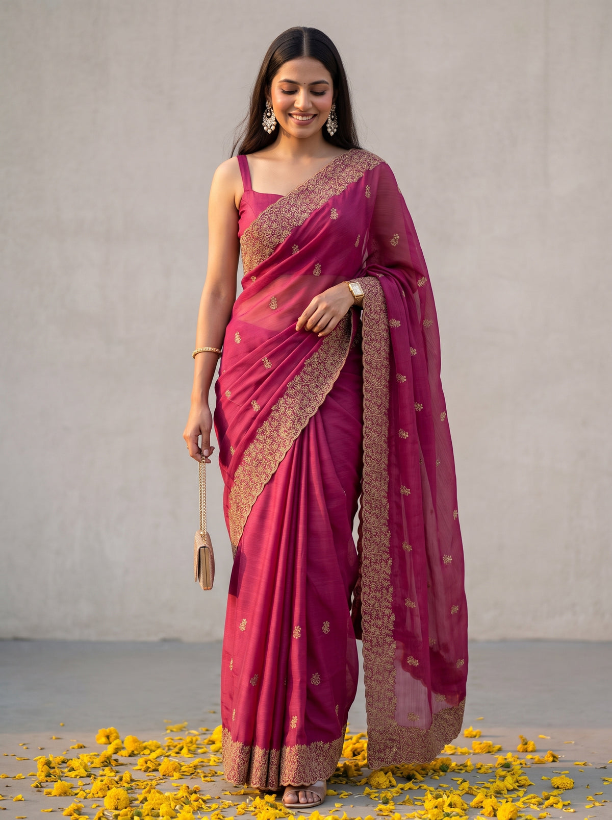 MIMOSA Gajari Banarasi Chiffon Saree — AI Model lifestyle pose 1