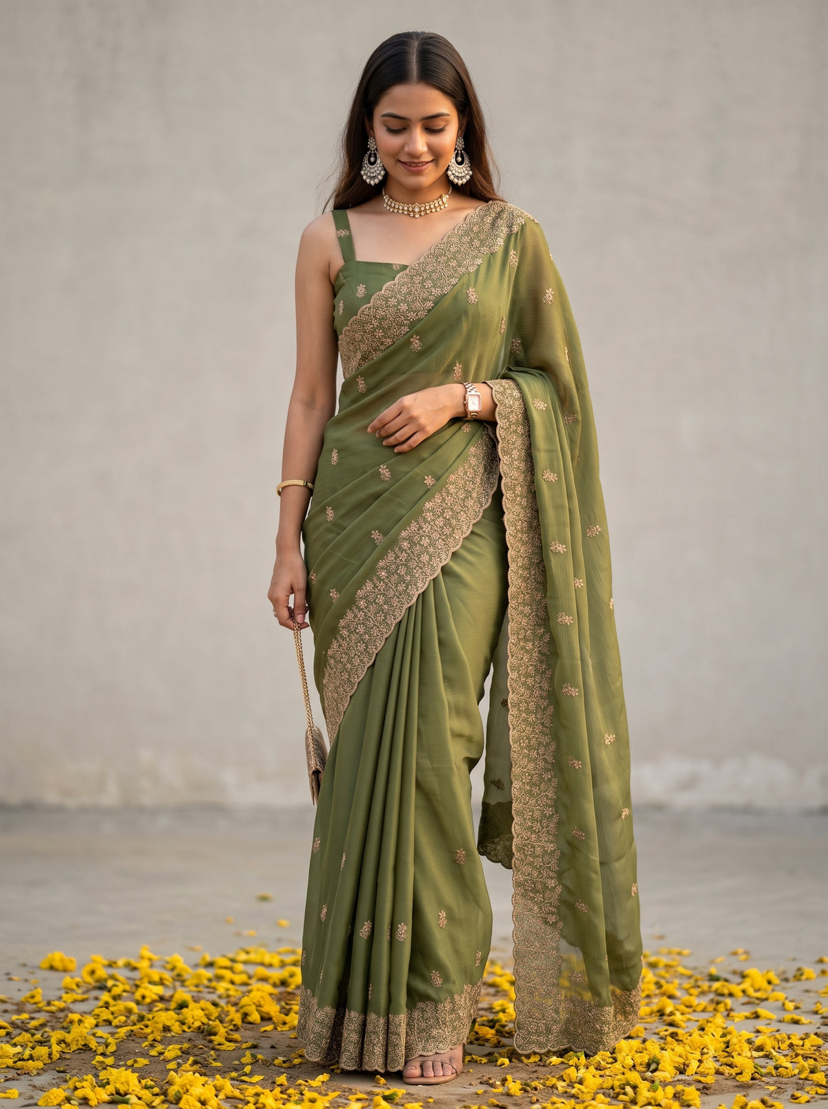 MIMOSA Olive Banarasi Chiffon Saree — AI Model lifestyle pose 1