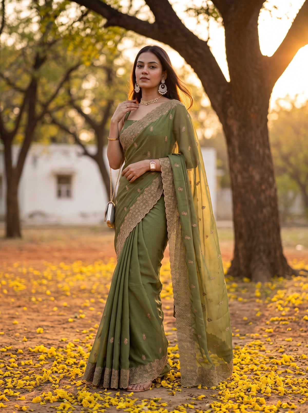 MIMOSA Olive Banarasi Saree — pose 5 styling detail