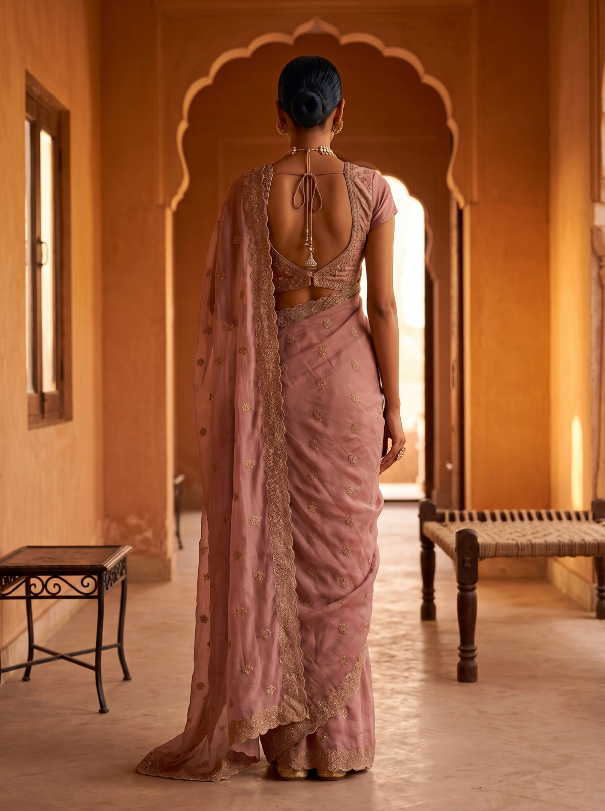 MIMOSA Peach Banarasi Chiffon Saree — AI Model Lifestyle