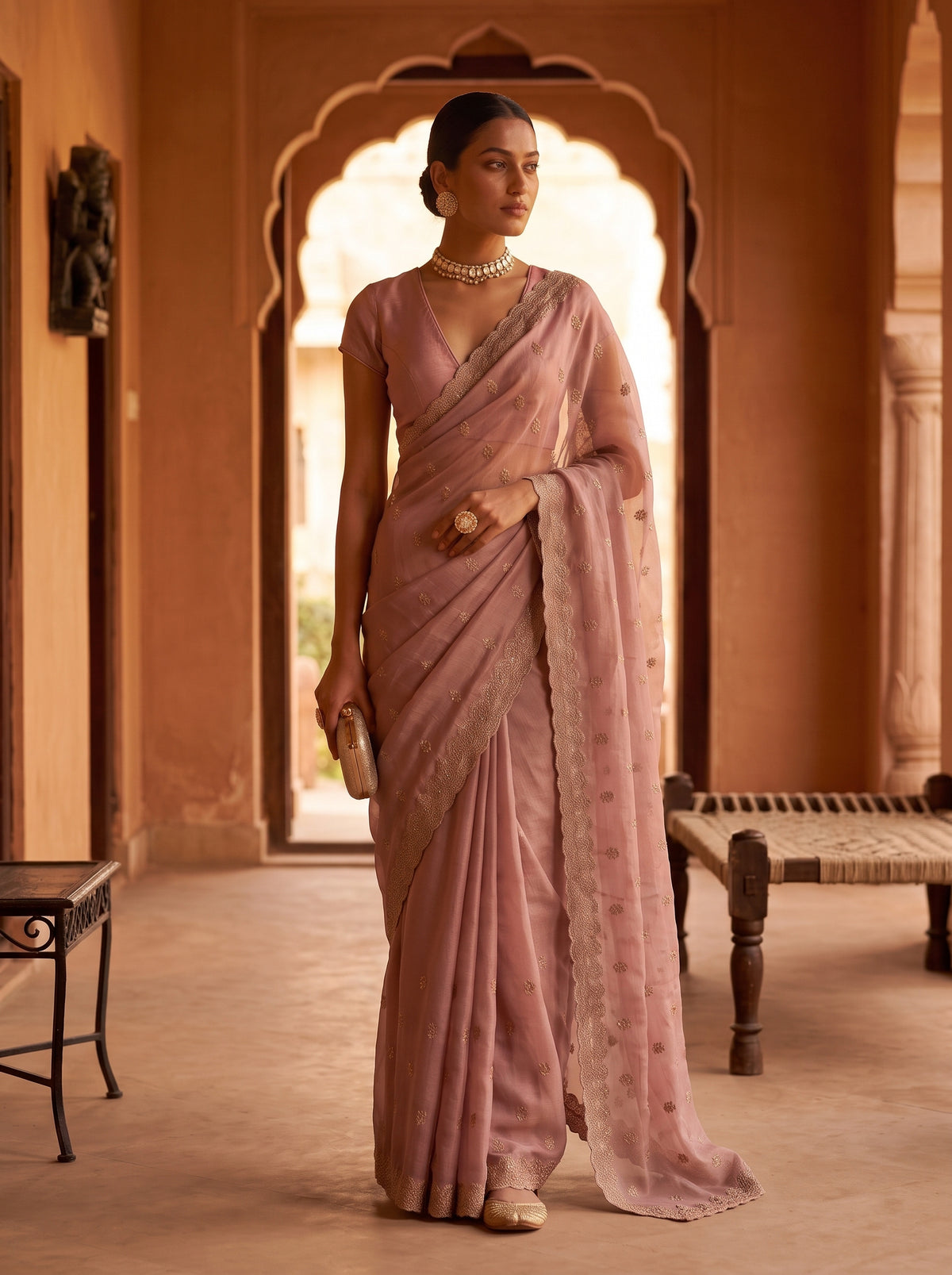 MIMOSA Peach Banarasi Chiffon Saree — pose 9 styling detail