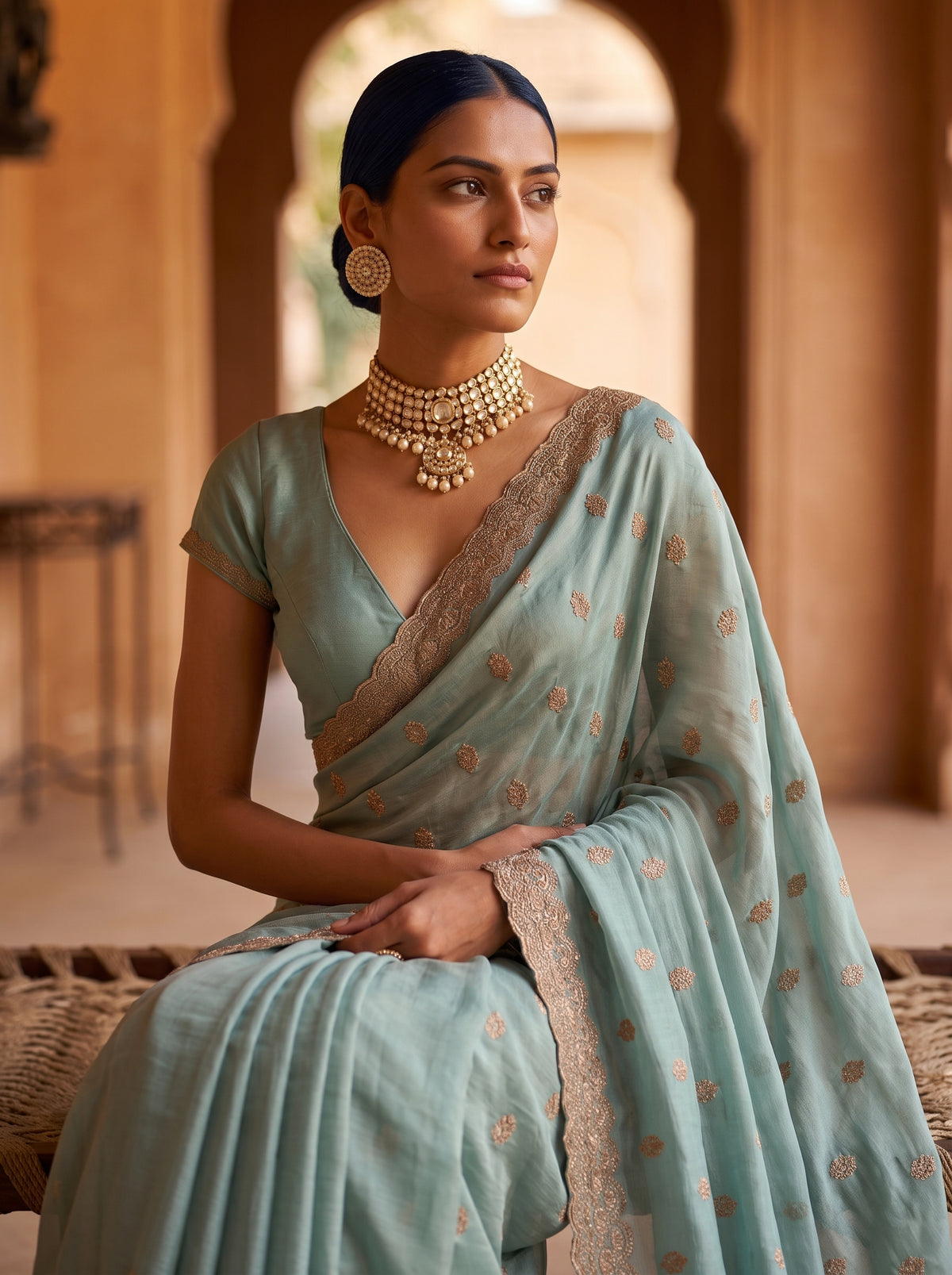 MIMOSA Rama Banarasi Chiffon Saree — pose 10 styling detail