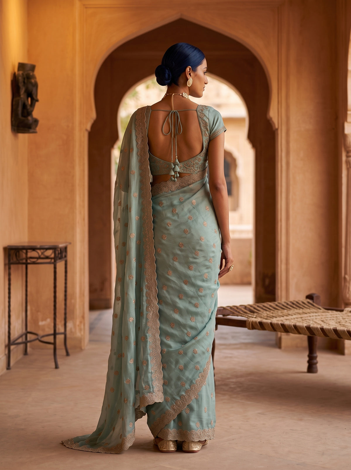 MIMOSA Rama Banarasi Chiffon Saree — AI Model Lifestyle