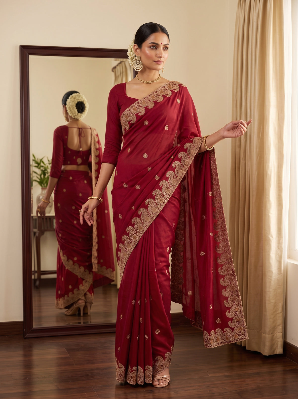 MIMOSA Maroon Banarasi Saree — pose 10 styling detail