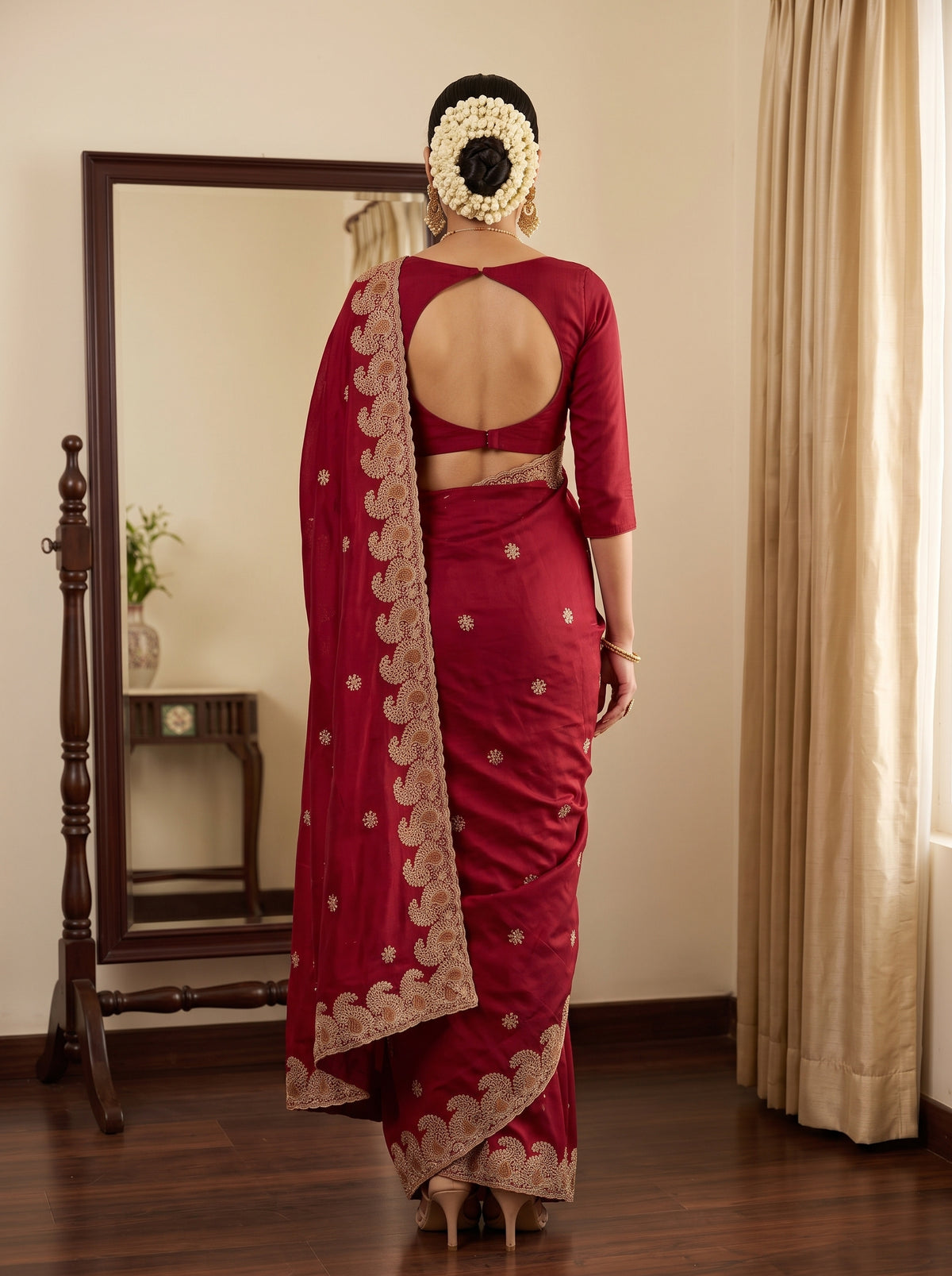 MIMOSA Maroon Banarasi Saree — pose 2 styling detail