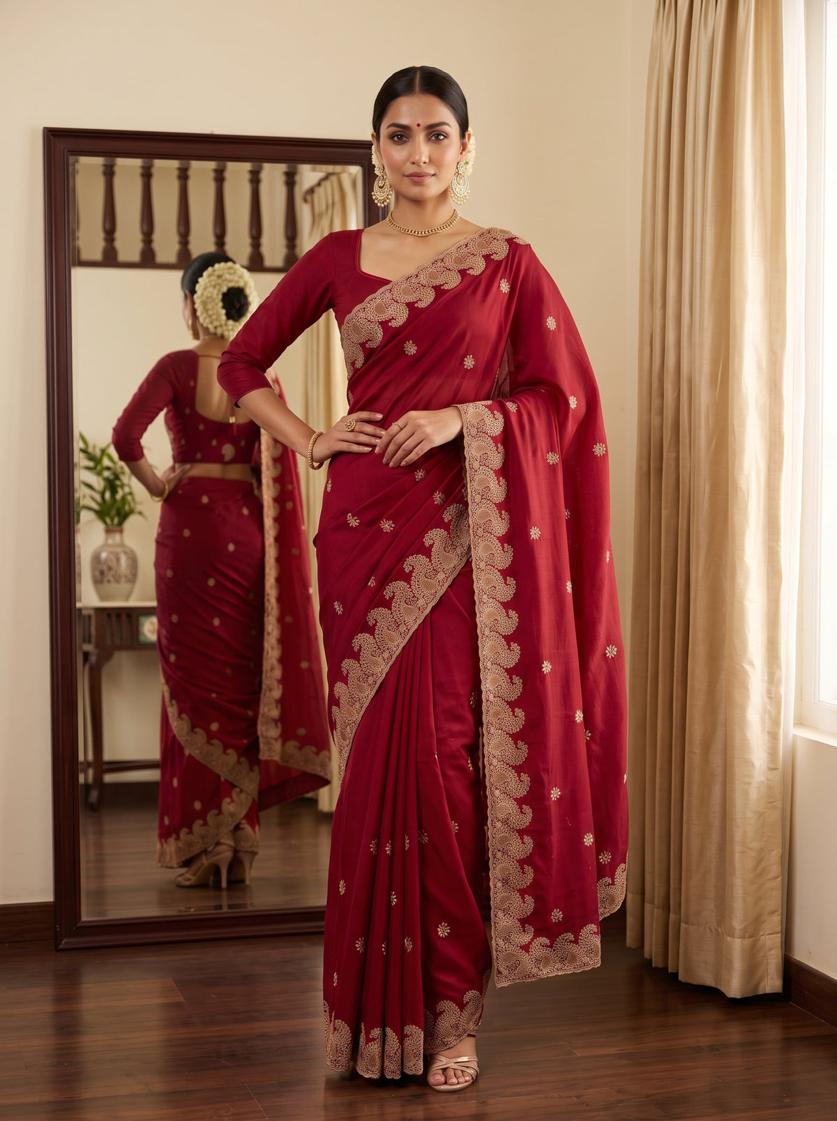 MIMOSA Maroon Banarasi Saree — pose 4 styling detail
