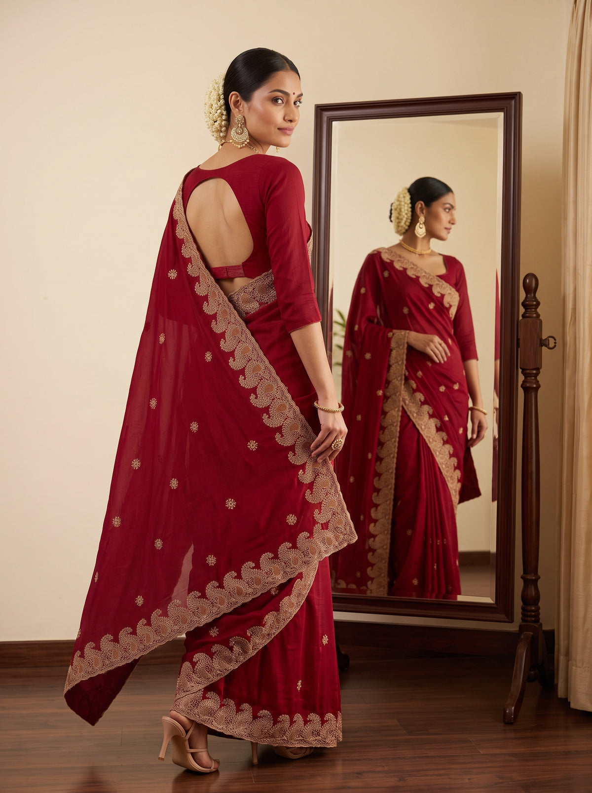 MIMOSA Maroon Banarasi Saree — pose 9 styling detail