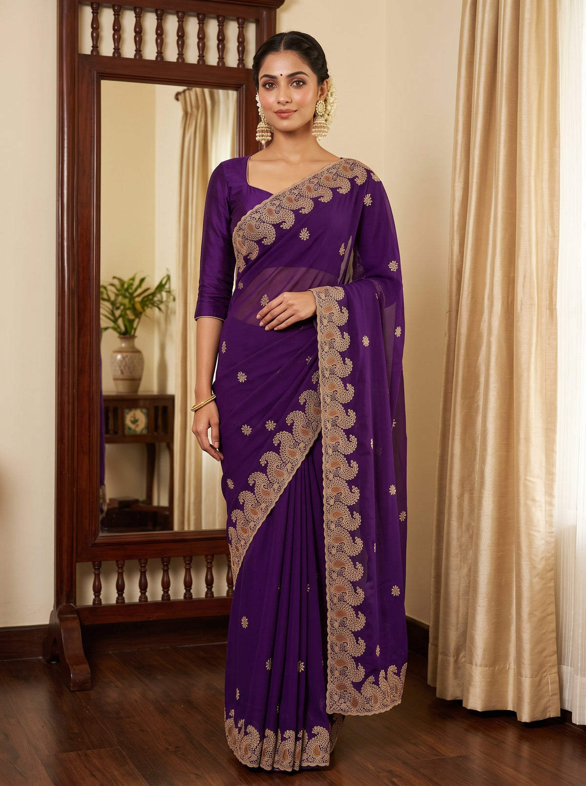 MIMOSA Purple Banarasi Saree — front view on mannequin