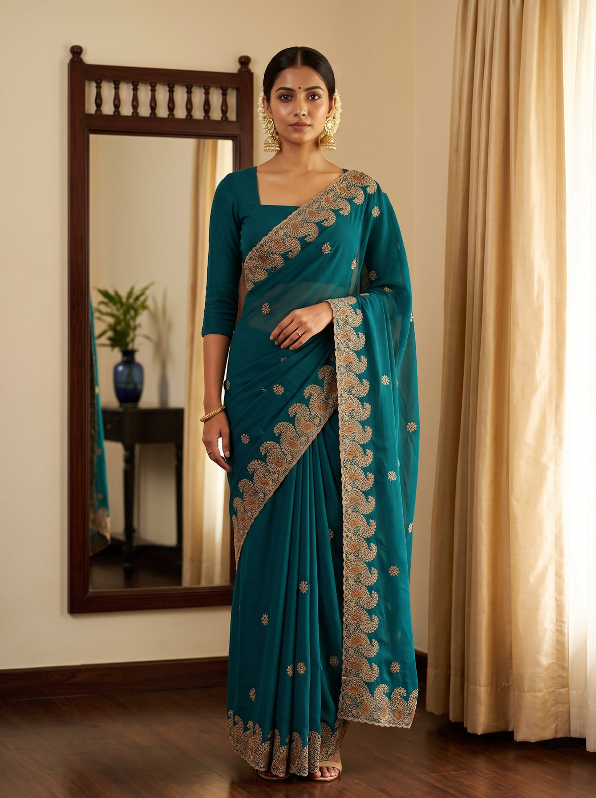 MIMOSA Sapphire Banarasi Saree — front view on mannequin