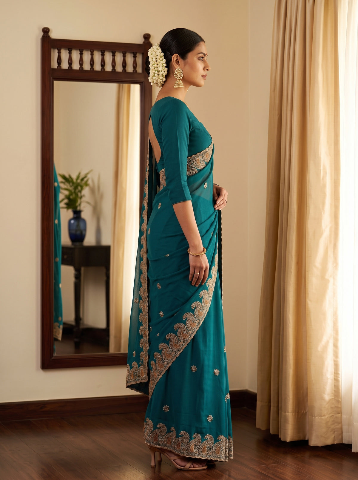 MIMOSA Sapphire Banarasi Saree — pose 3 styling detail