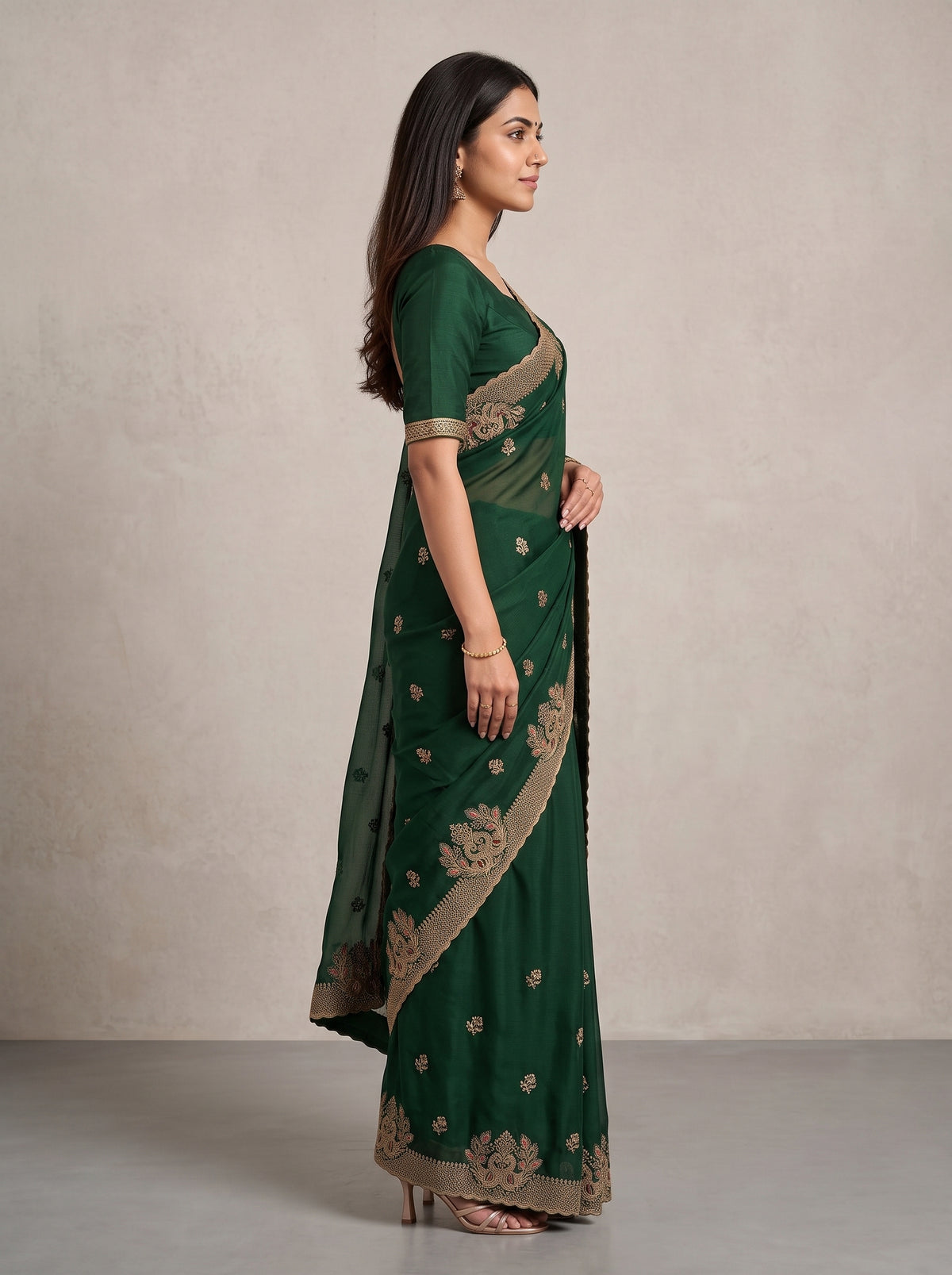 MIMOSA Bottle Green Banarasi Saree — pose 3 styling detail