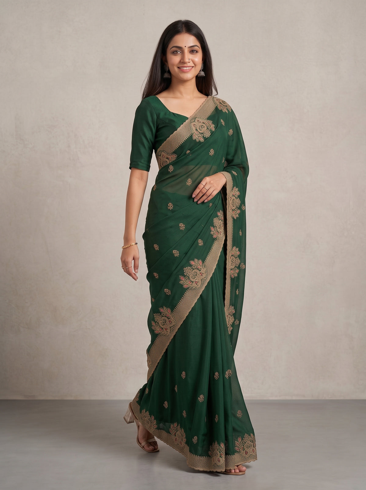 MIMOSA Bottle Green Banarasi Saree — pose 6 styling detail